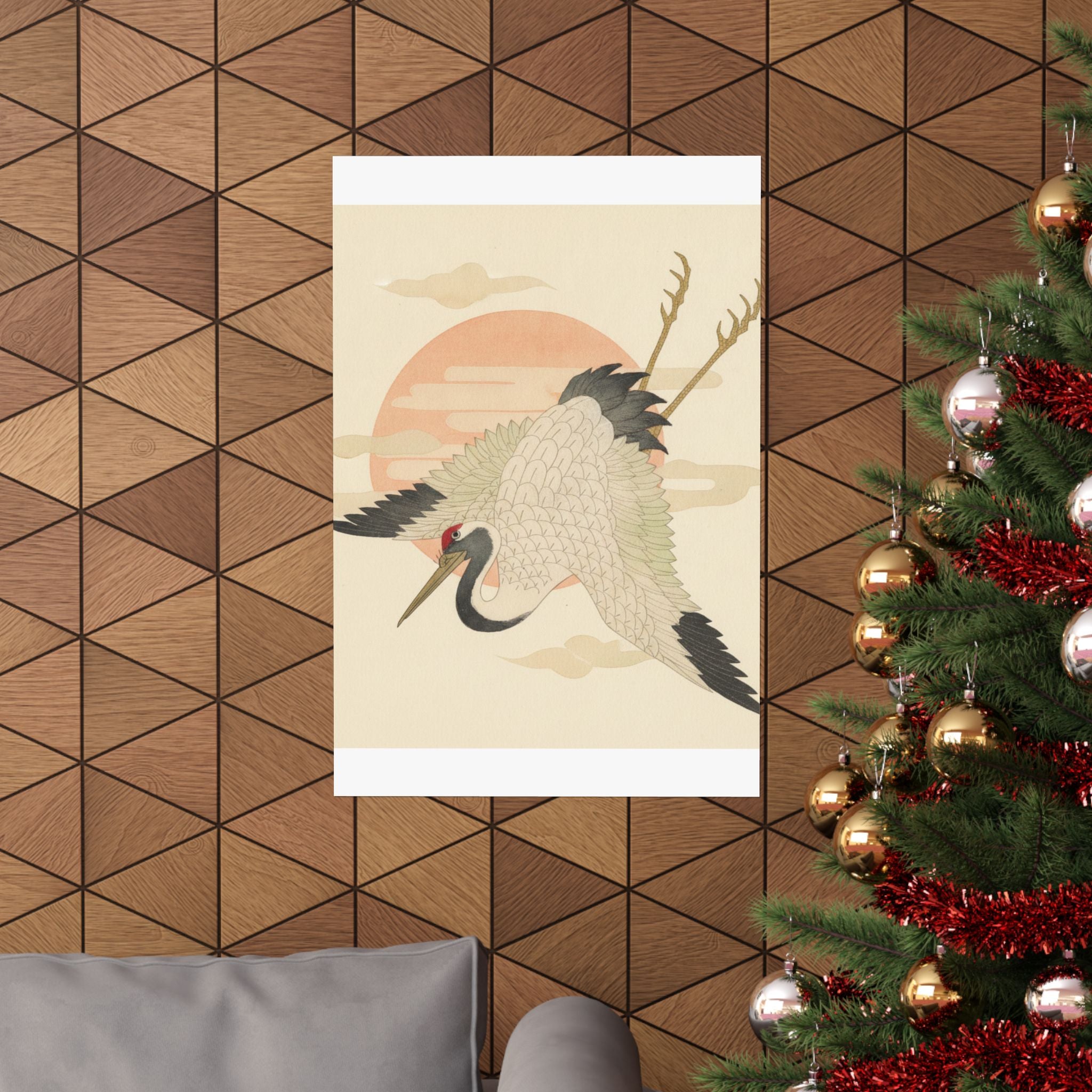 Botanical — White Crane Flying Across The Sun'S Disc — Matte Poster