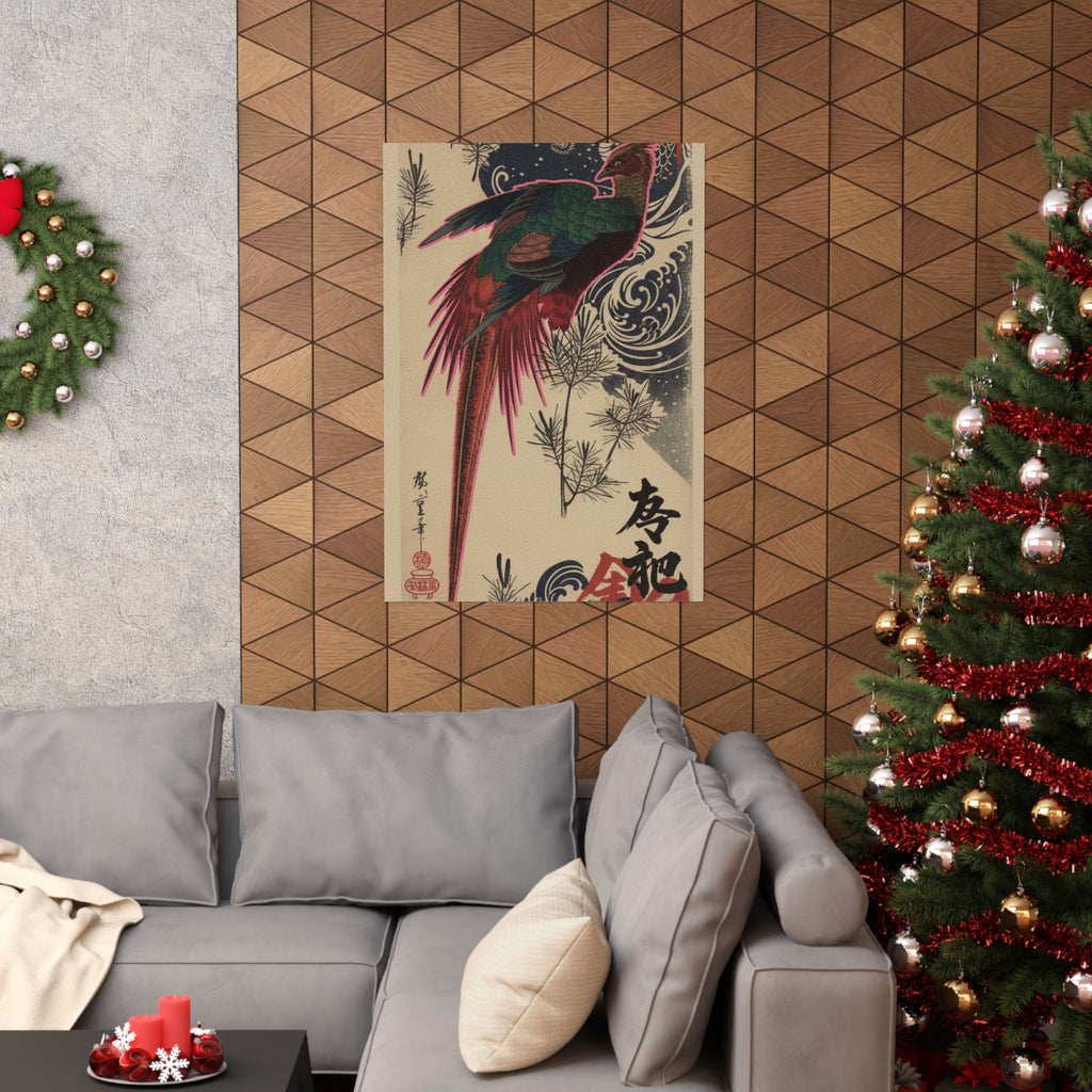 Japanese Street — Golden Pheasant And Pine Shoots In Snow — Matte Poster