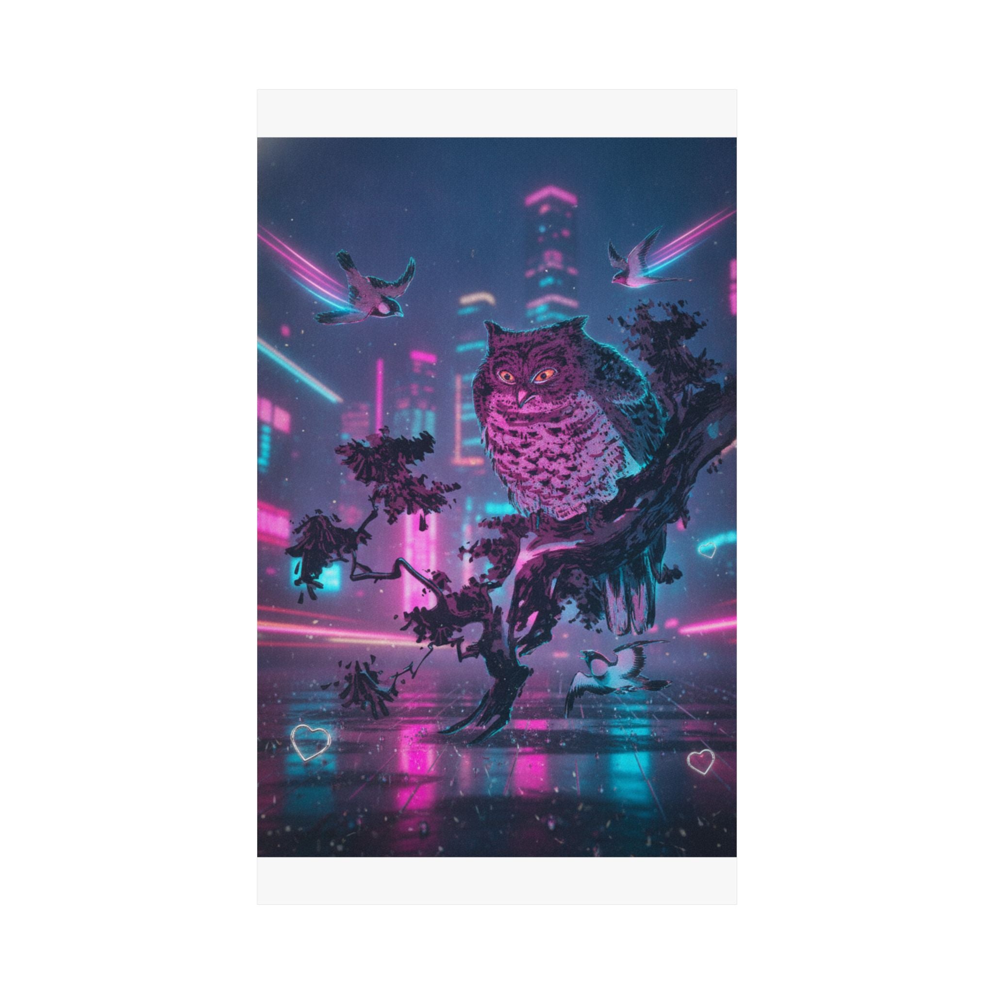 Neon Noir — Owl And Two Swallows — Matte Poster