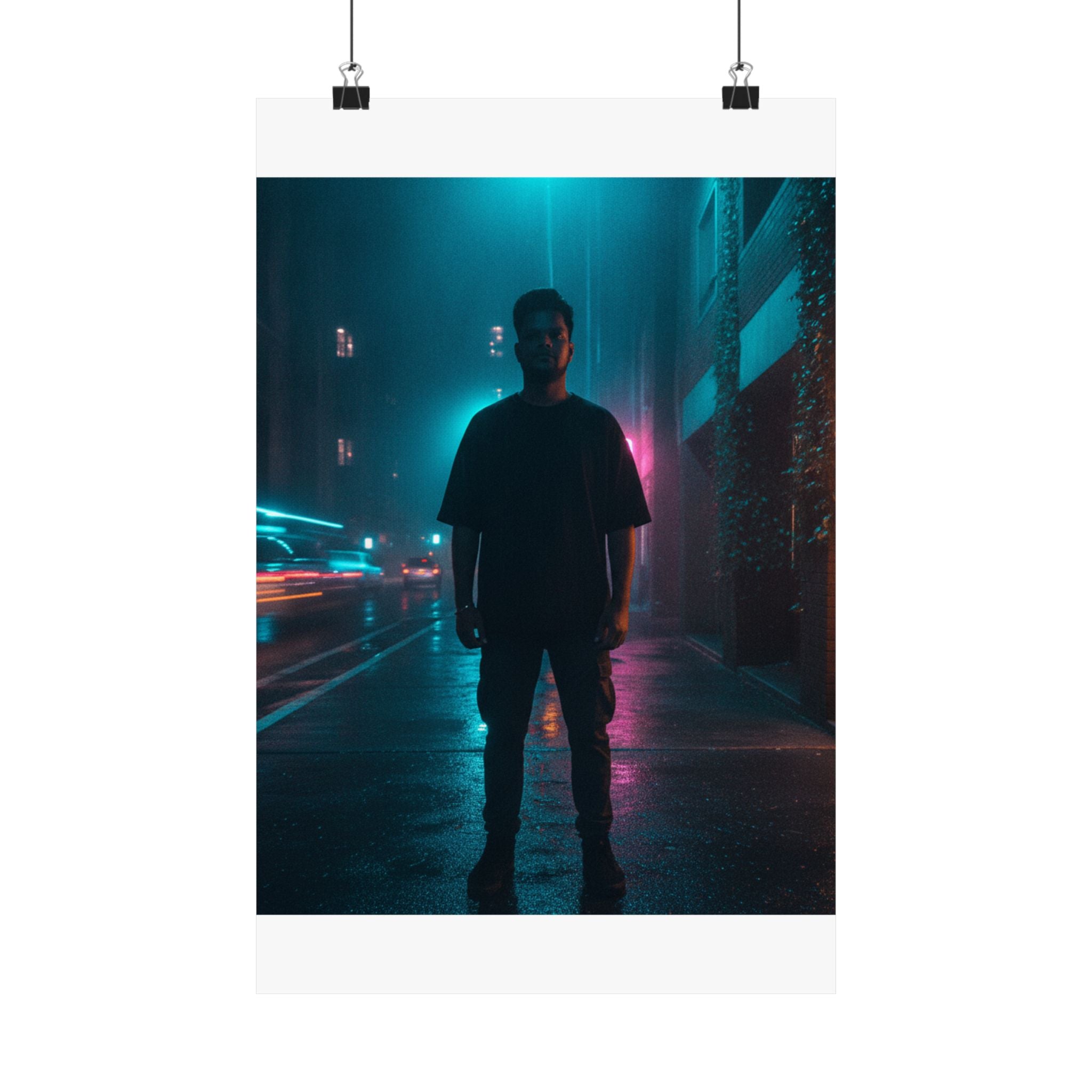 Rainy Neon City Street Silhouette Teal Pink Matte Poster