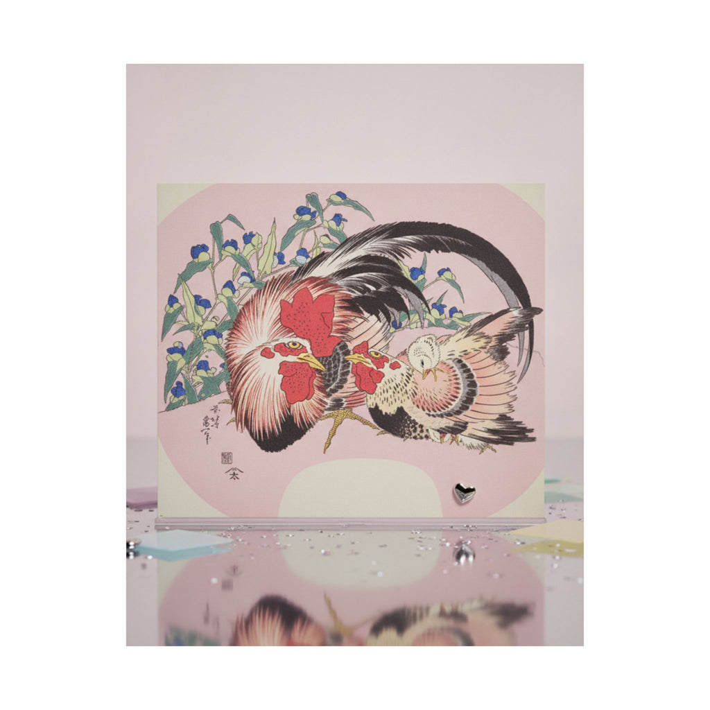 Product Marketing — Rooster, Hen And Chicken With Spiderwort — Matte Poster