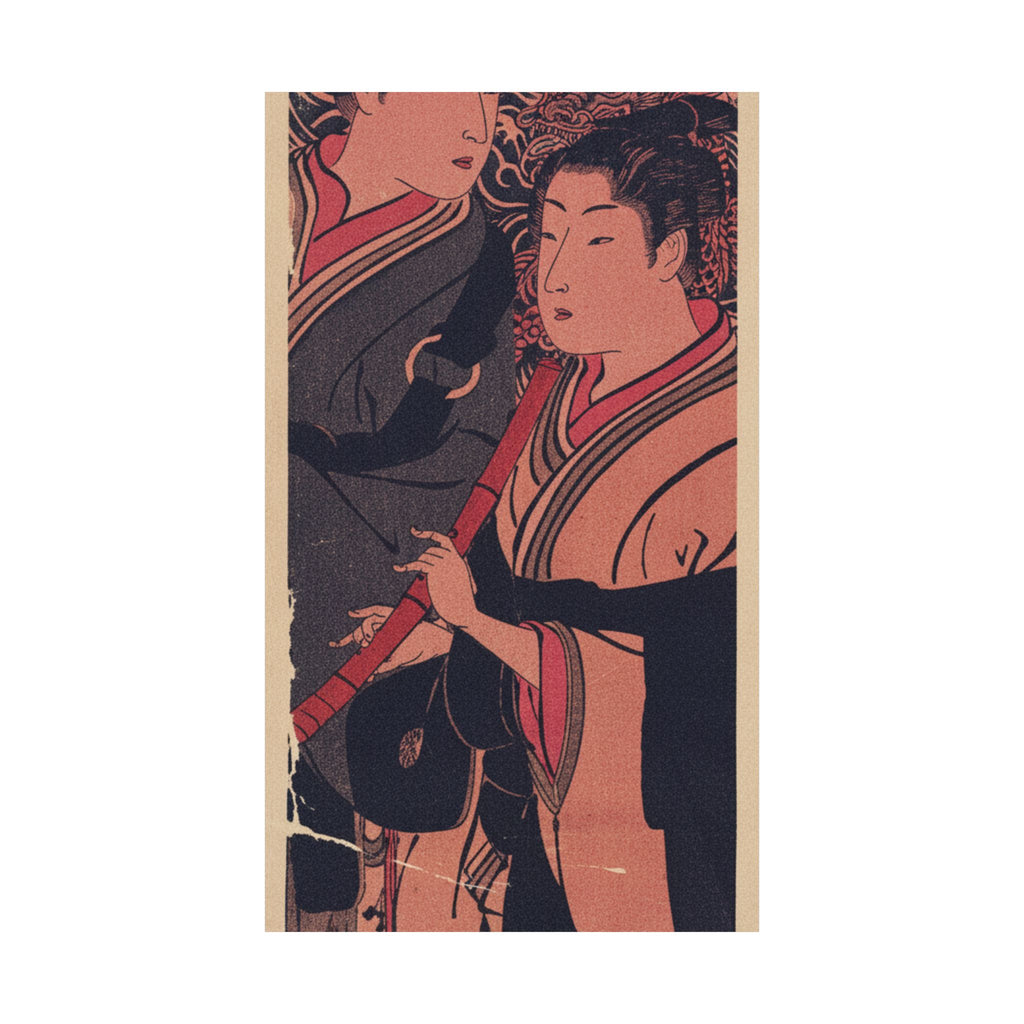 Japanese Street — Two Men, One Playing A Flute — Matte Poster