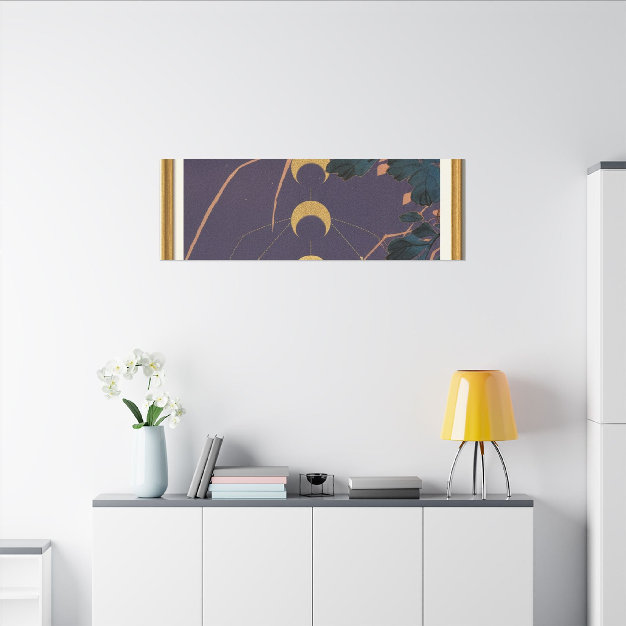 Chrysanthemum and Gold Moon Phases Woodblock Matte Canvas