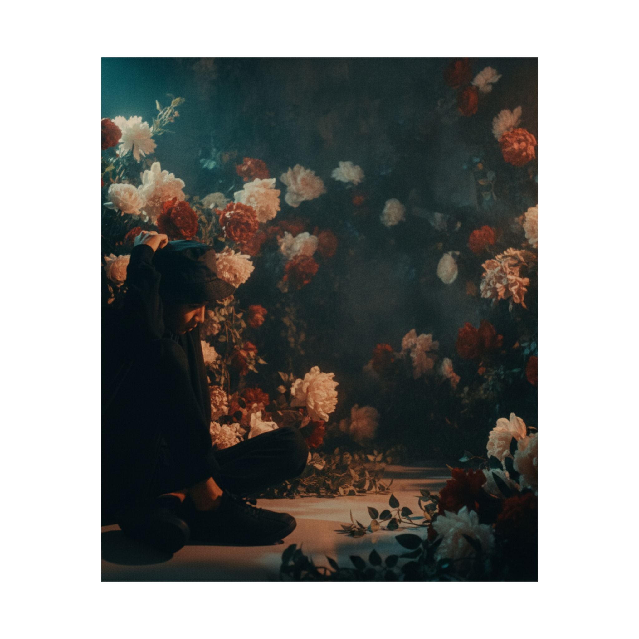 Kneeling Figure in Dark Rose Garden Moody Poster