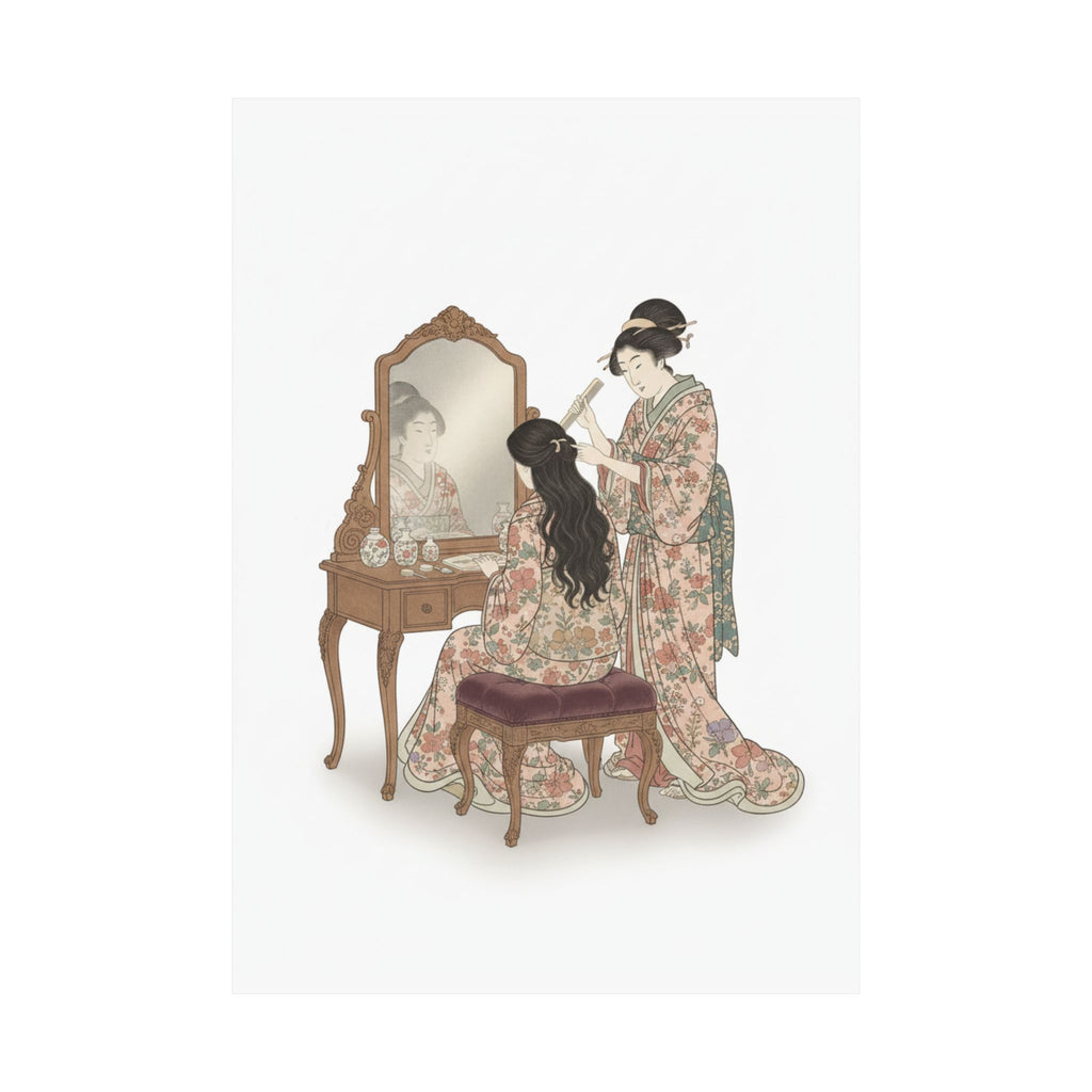 Ecommerce Main — A Woman At Her Toilet Seated Before A Mirror, Having Her Hair Combed By A Kameyu — Matte Poster