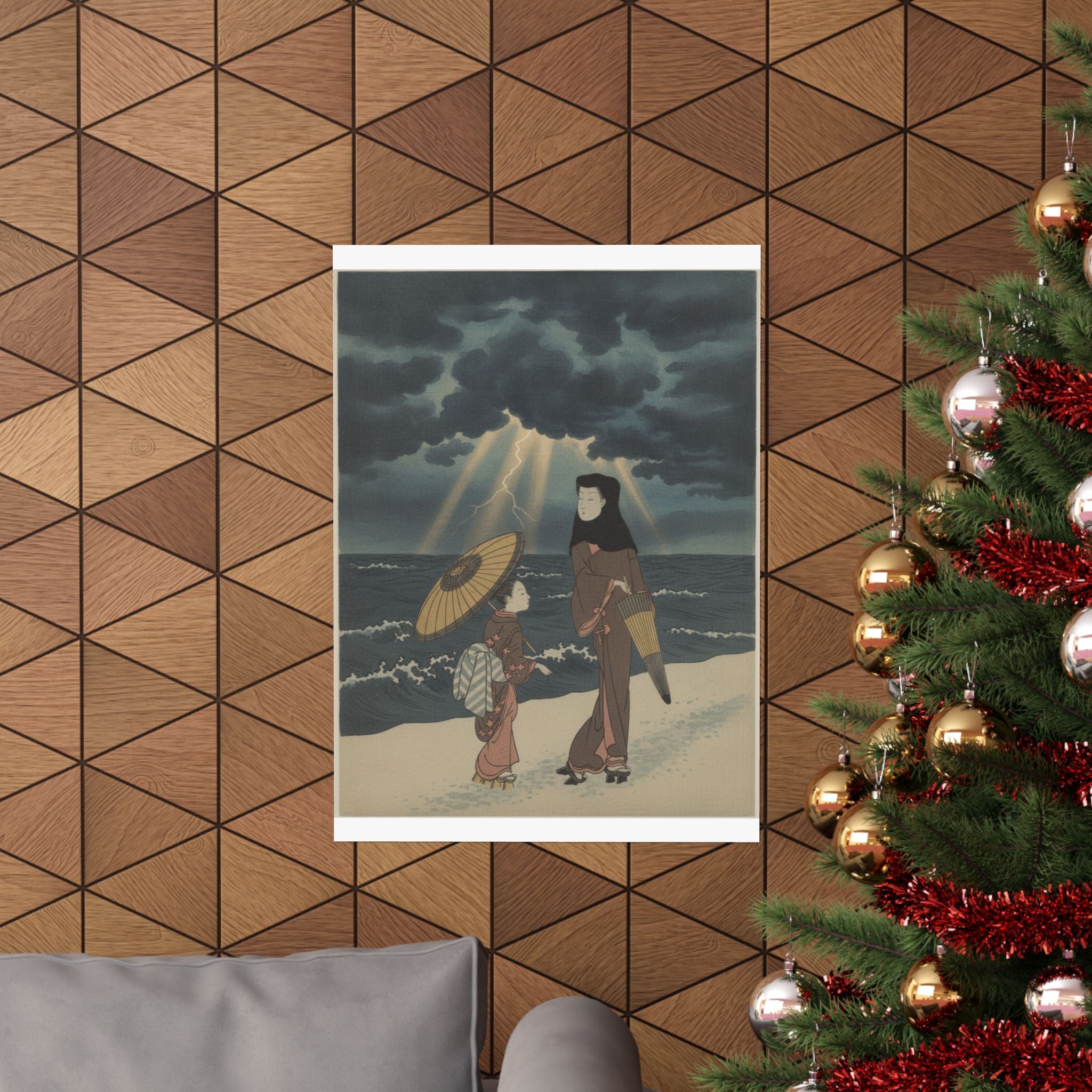 Dramatic Storm — Lady With Black Hood And Umbrella Out Walking With Young Attendant — Matte Poster