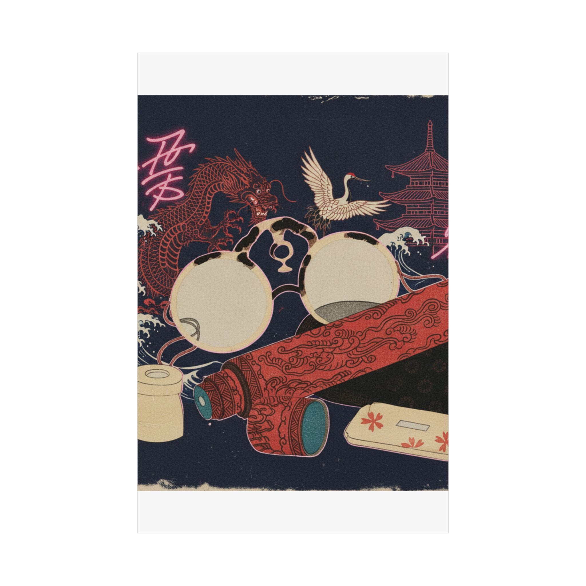 Japanese Street — Spectacles And Telescope With Cases — Matte Poster