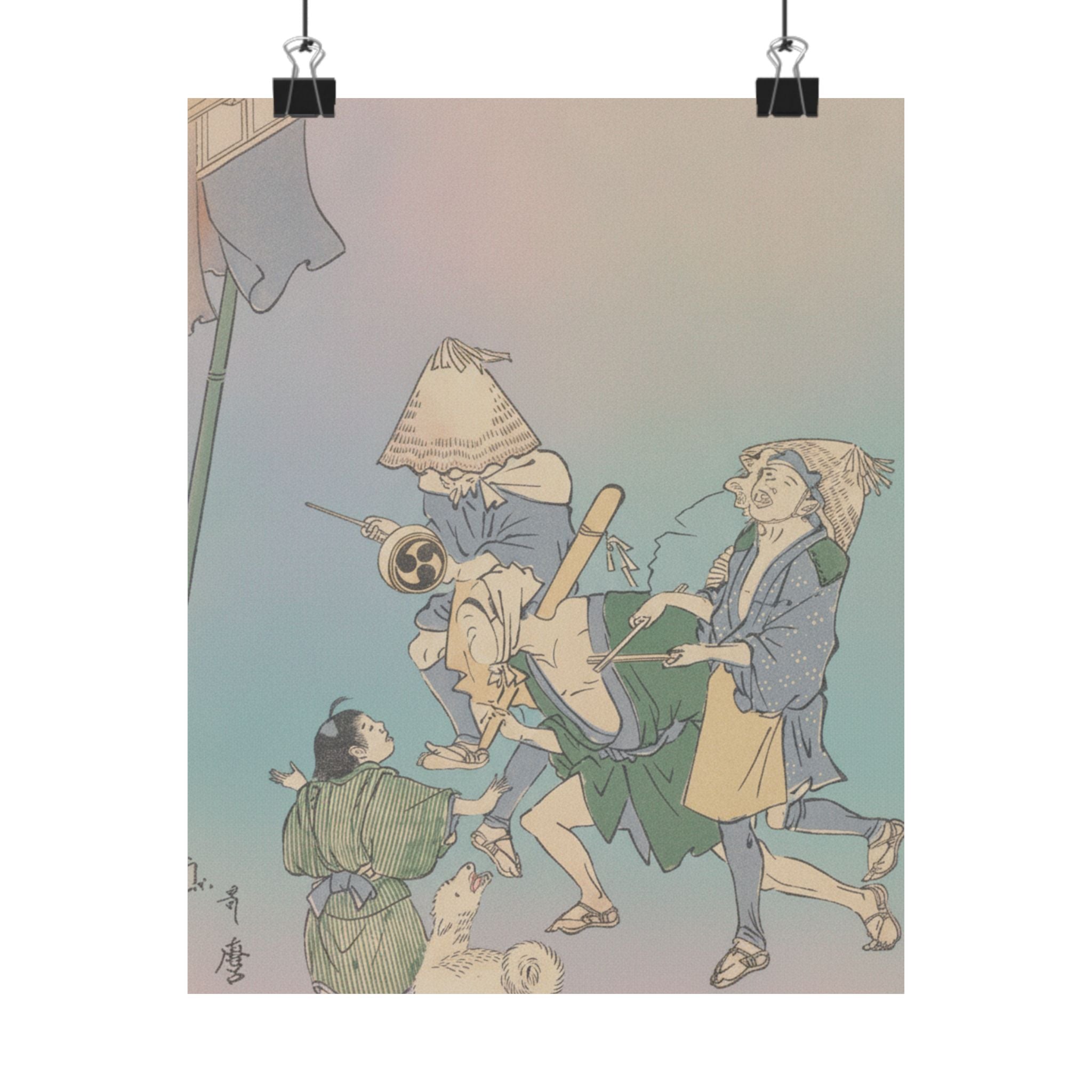 Affirmation — Three Revelers Of The Lower Classes, Wearing Komuso Hats, With Small Boy And Dog — Matte Poster