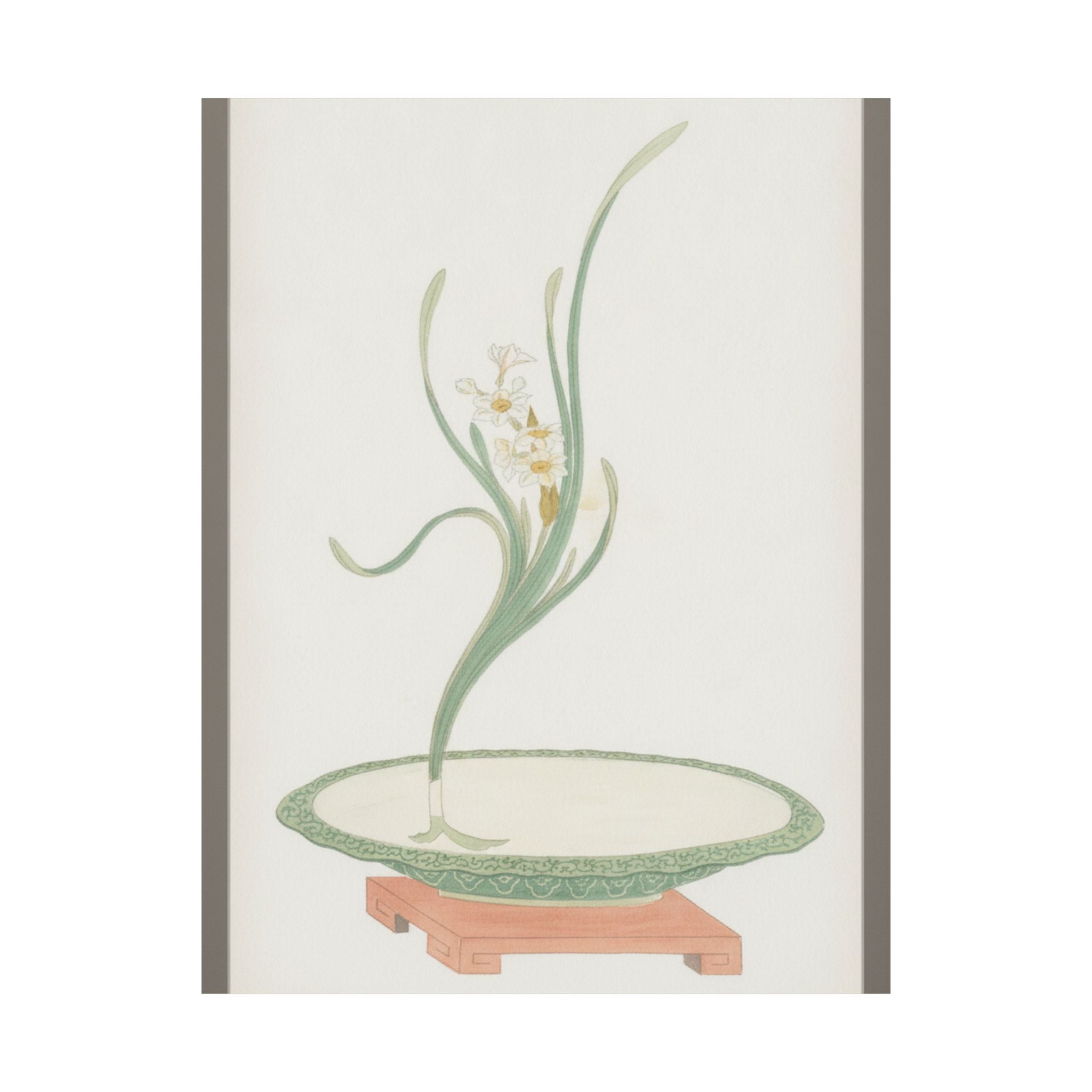 Watercolor — Flower Arrangement Of Suisen (Narcissus) In A Flat Green Dish — Matte Poster