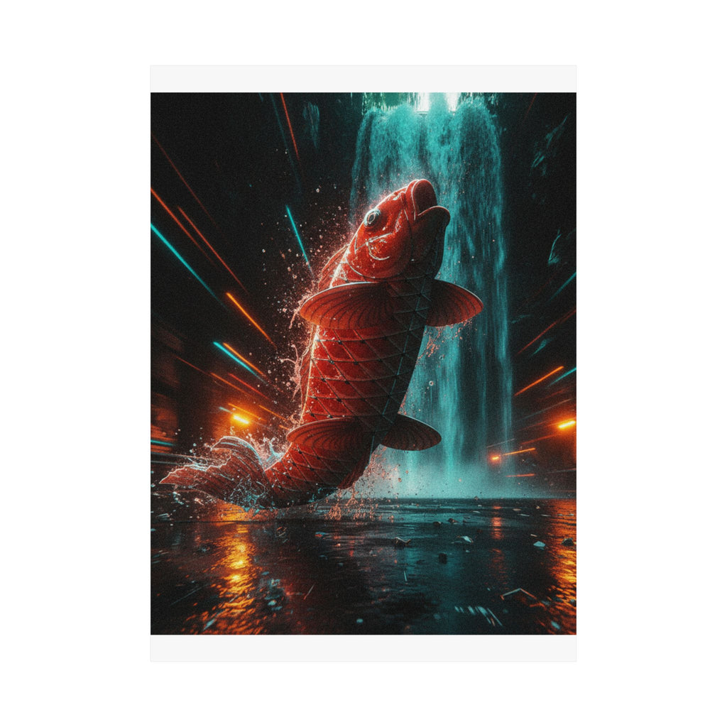 Fast Furious — Red Carp Ascending A Waterfall — Matte Poster
