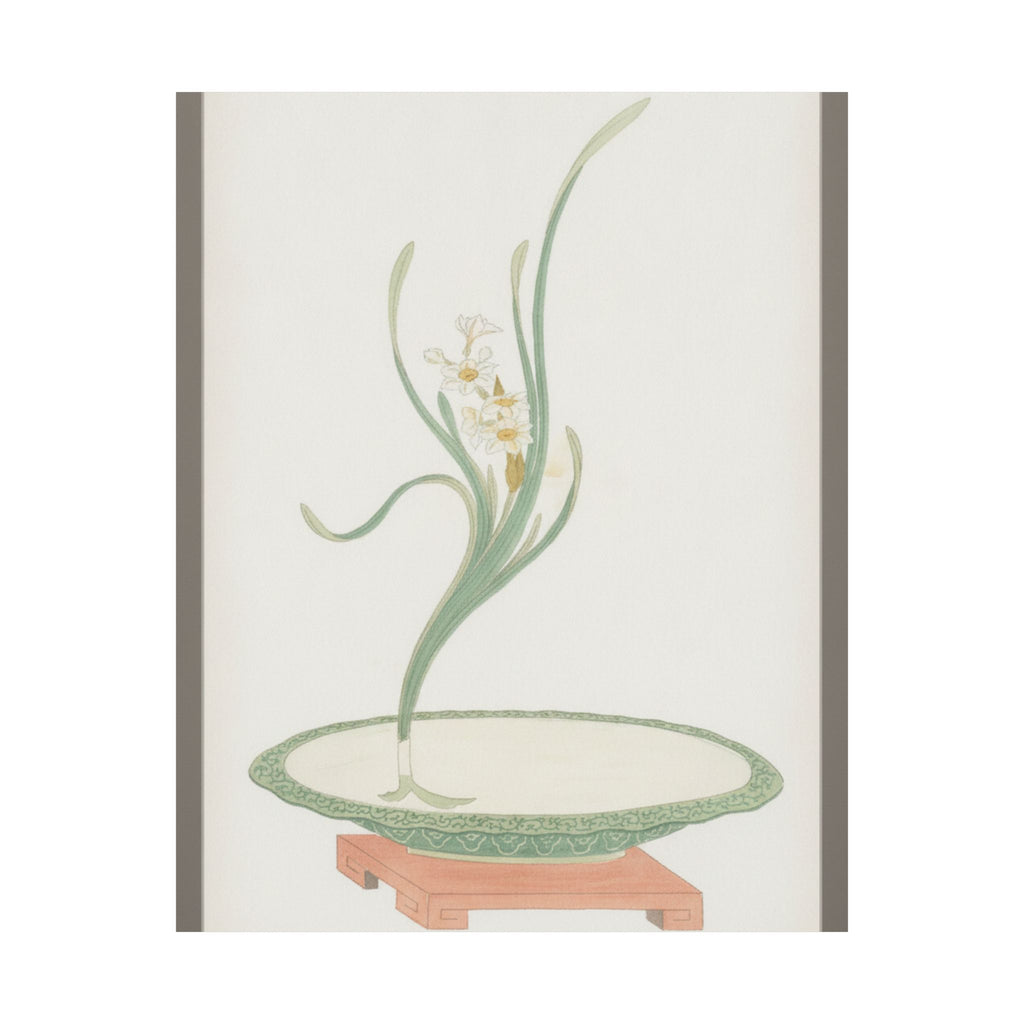 Watercolor — Flower Arrangement Of Suisen (Narcissus) In A Flat Green Dish — Matte Poster