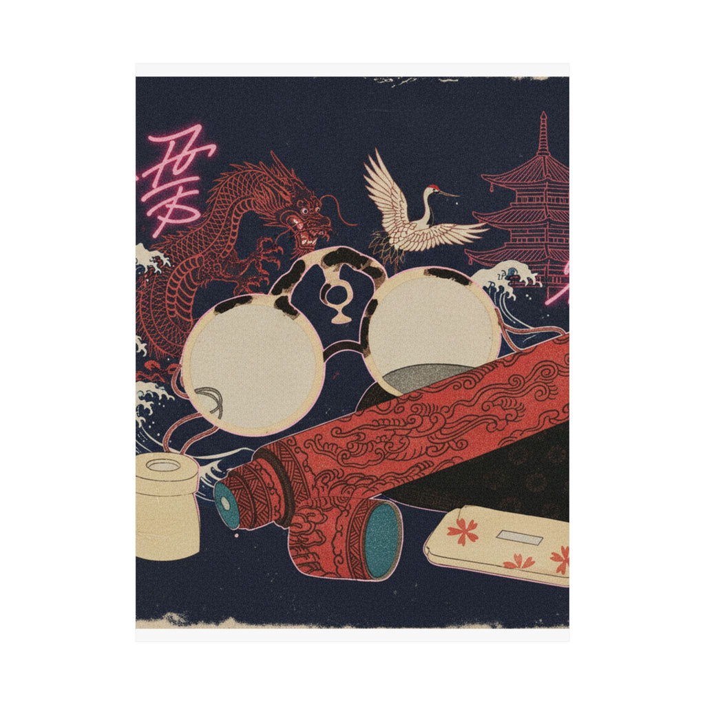 Japanese Street — Spectacles And Telescope With Cases — Matte Poster