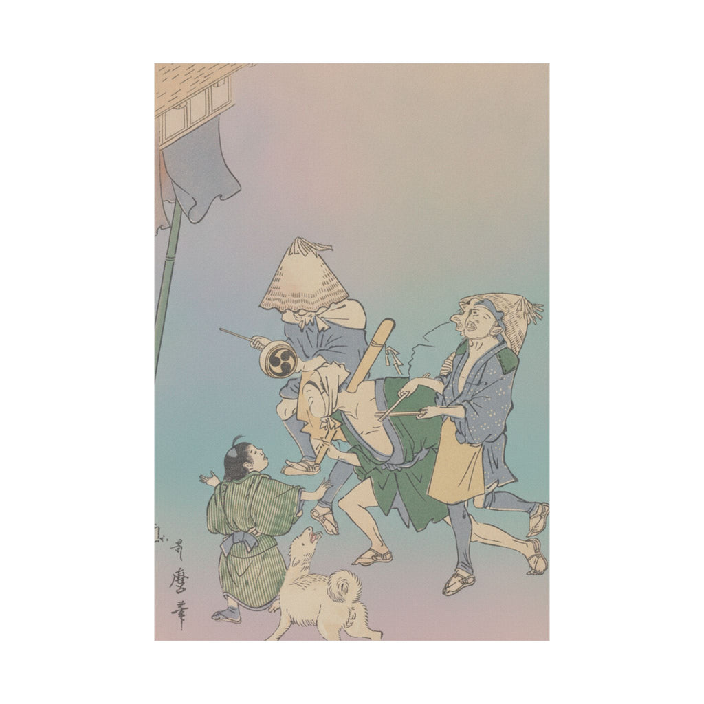 Affirmation — Three Revelers Of The Lower Classes, Wearing Komuso Hats, With Small Boy And Dog — Matte Poster
