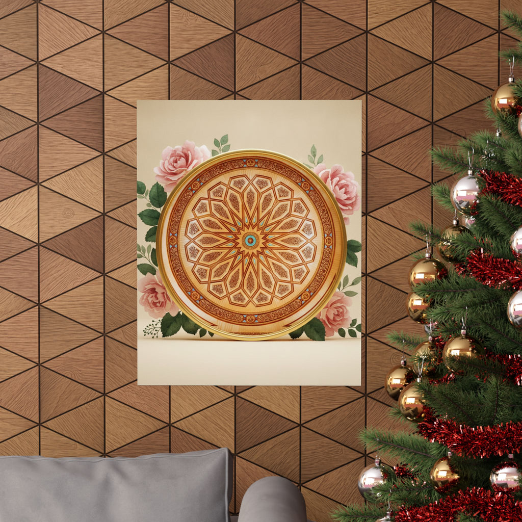 Gilded Moroccan Medallion and Pink Roses Art Poster
