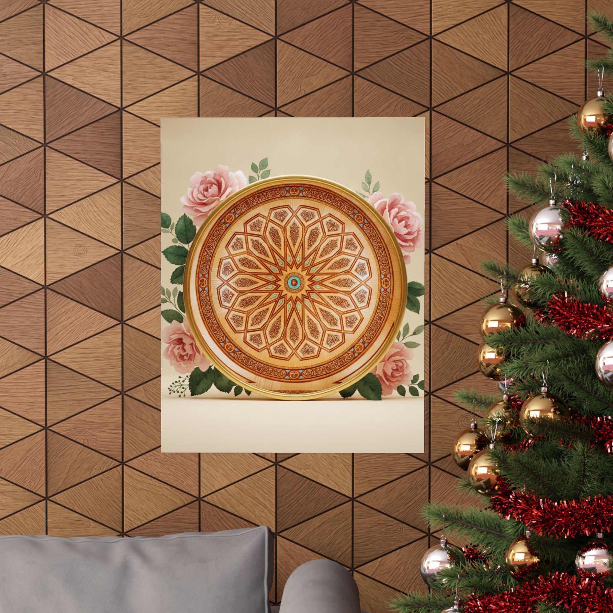 Gilded Moroccan Medallion and Pink Roses Art Poster
