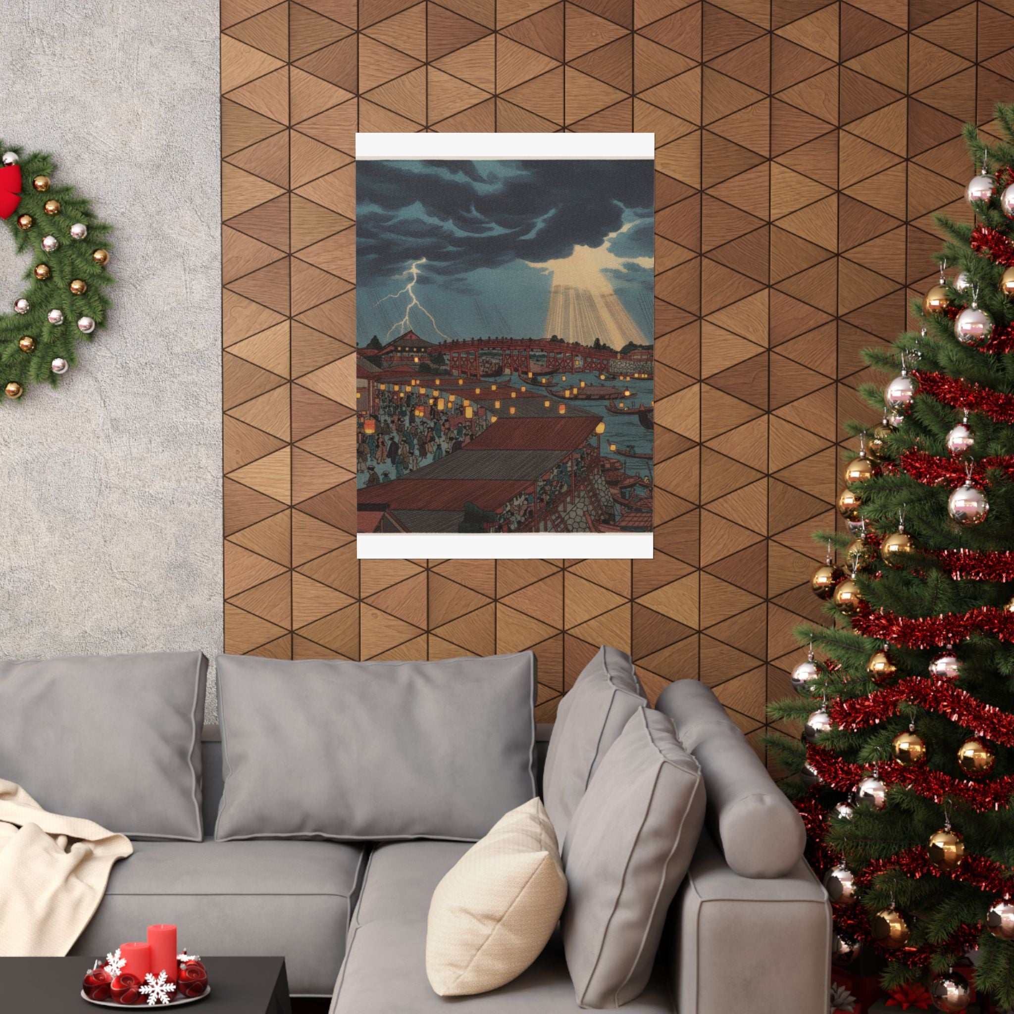 Dramatic Storm — Landscape; Showing Water Festival With Lanterns — Matte Poster