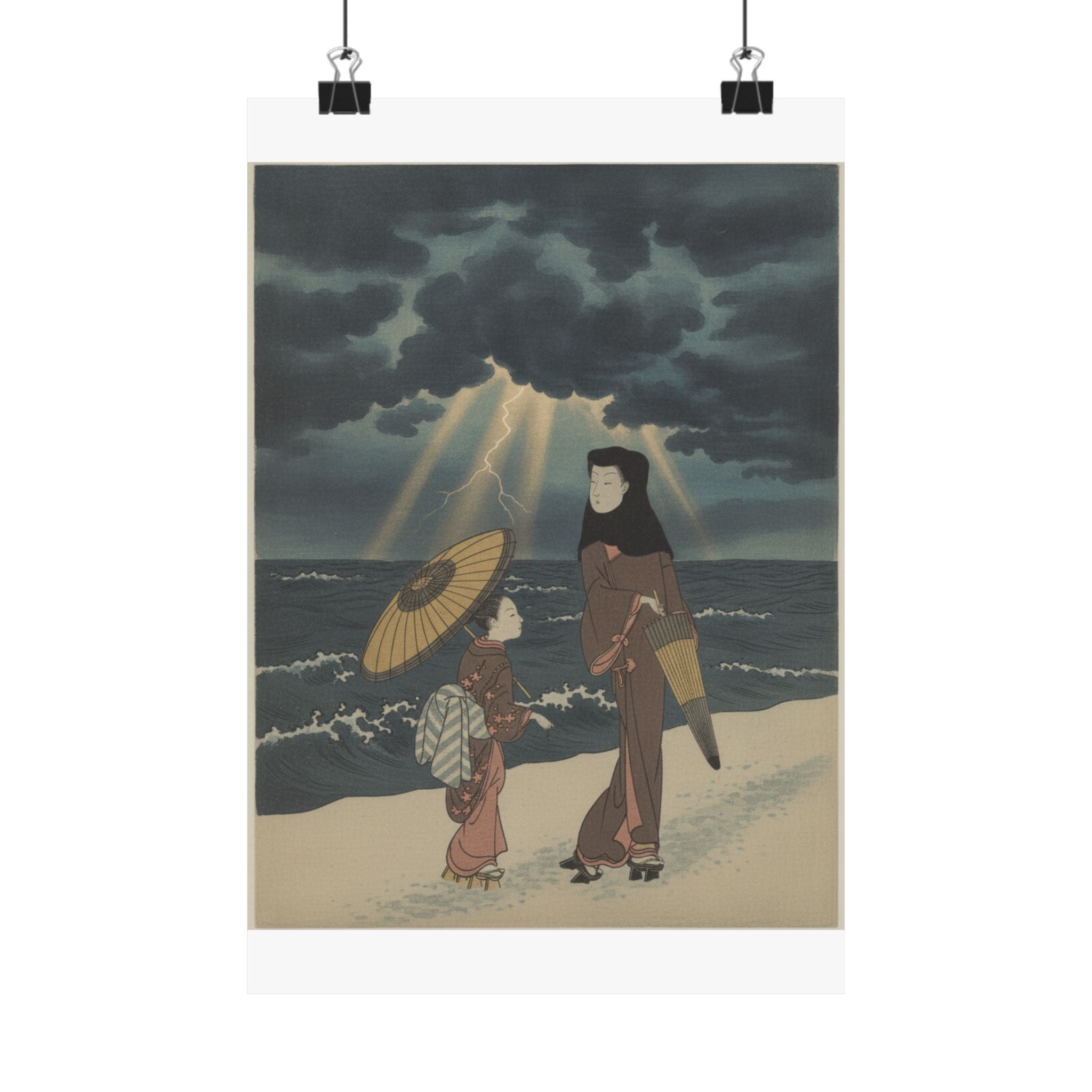 Dramatic Storm — Lady With Black Hood And Umbrella Out Walking With Young Attendant — Matte Poster