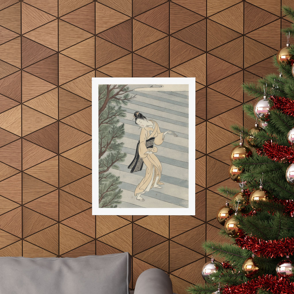 Watercolor — Young Woman Climbing Stone Stairs To A Shinto Temple — Matte Poster