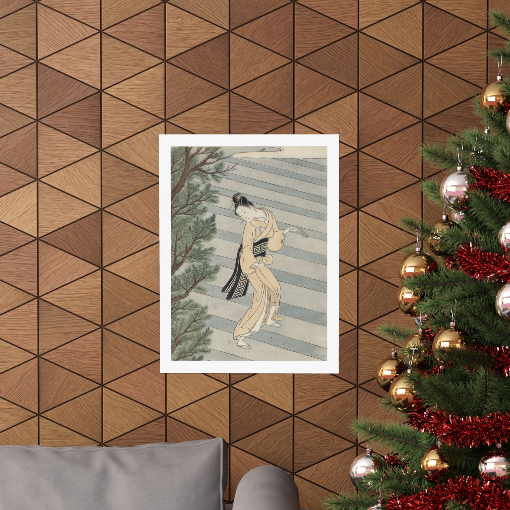 Watercolor — Young Woman Climbing Stone Stairs To A Shinto Temple — Matte Poster