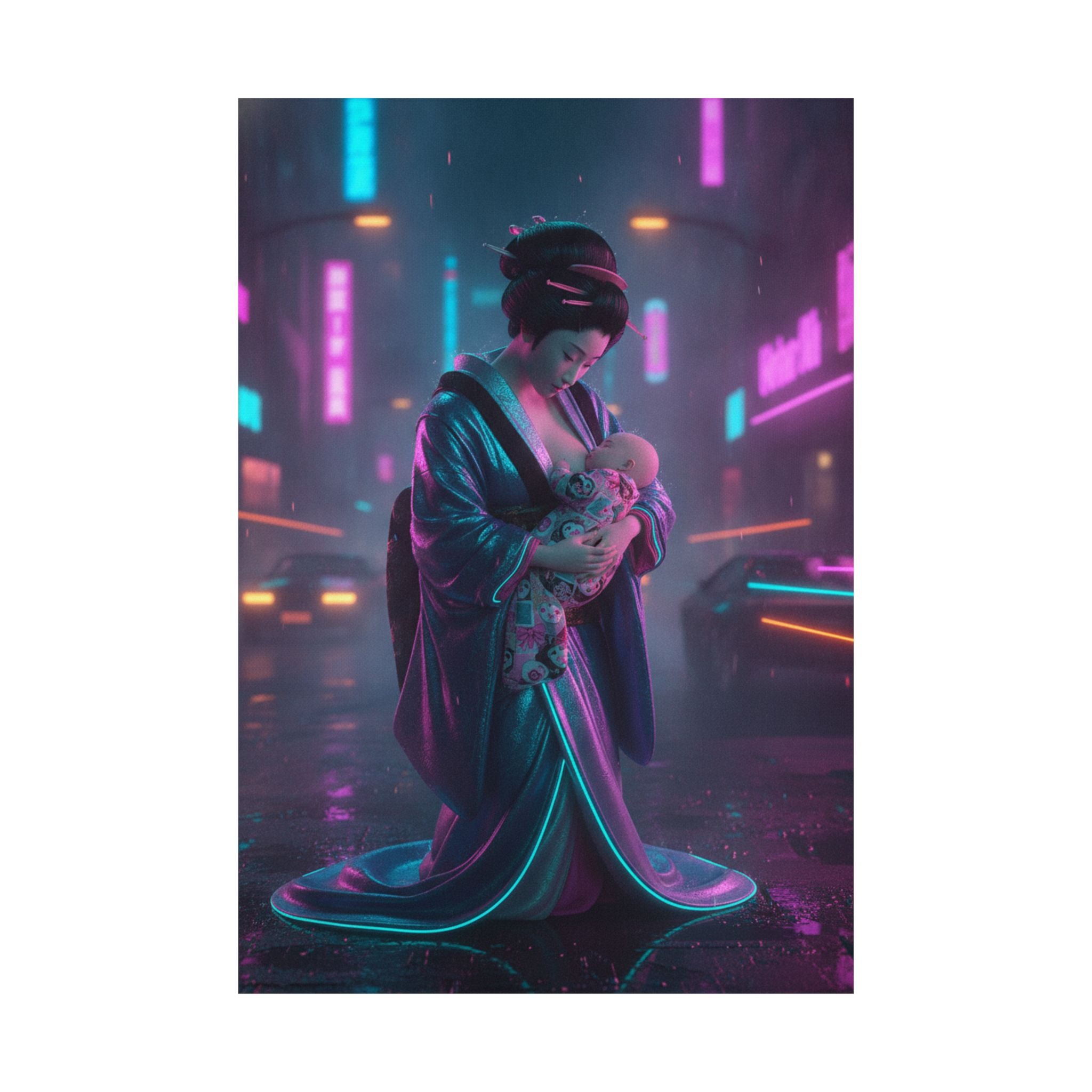 Neon Noir — Young Mother Nursing Her Baby — Matte Poster