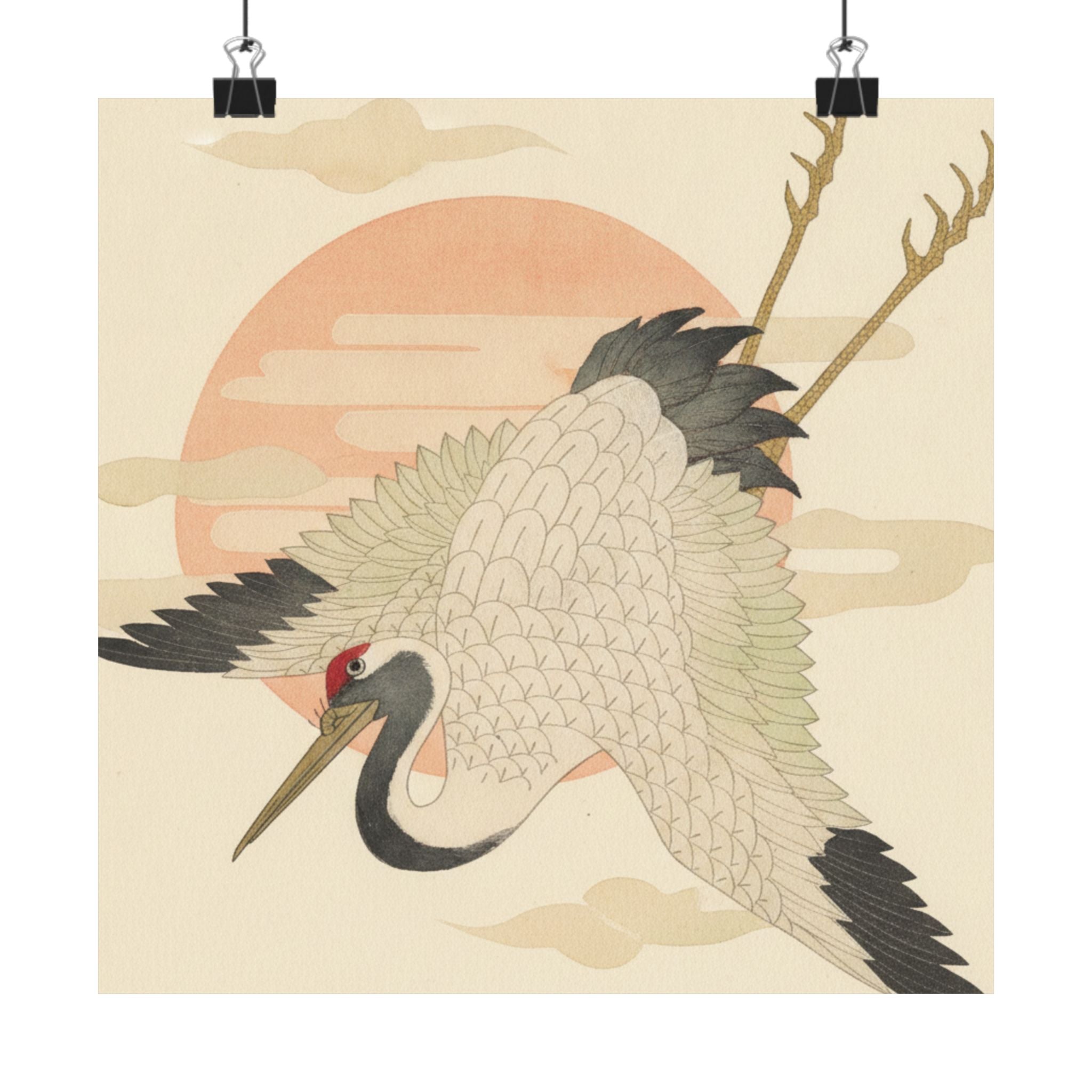 Botanical — White Crane Flying Across The Sun'S Disc — Matte Poster