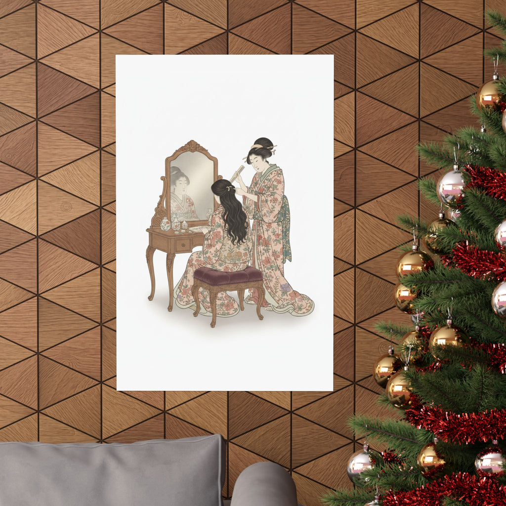 Ecommerce Main — A Woman At Her Toilet Seated Before A Mirror, Having Her Hair Combed By A Kameyu — Matte Poster
