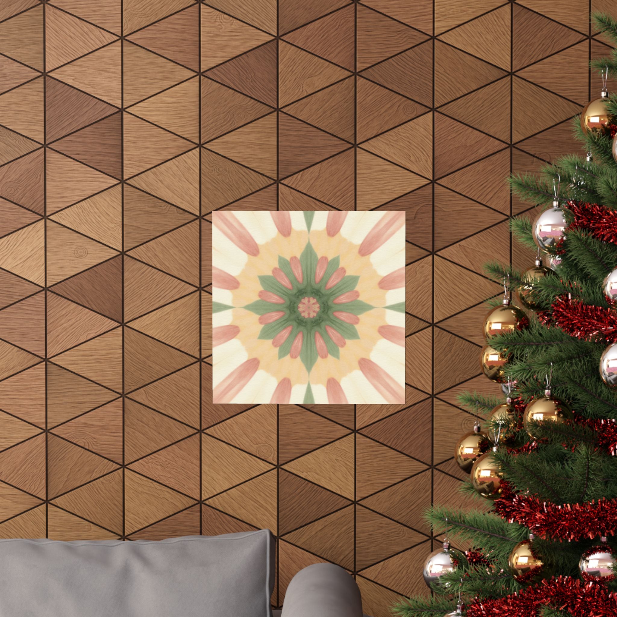 Peach and Sage Floral Kaleidoscope Mandala Poster