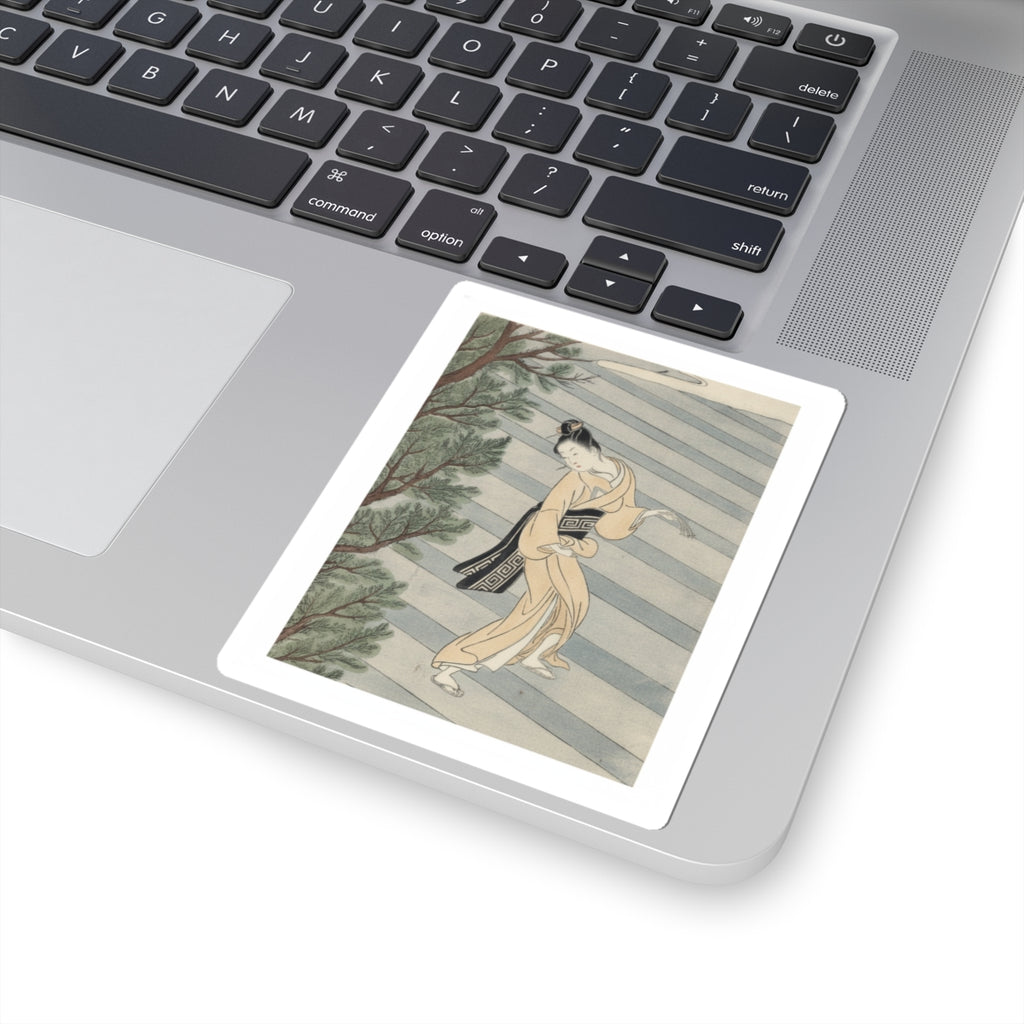 Watercolor — Young Woman Climbing Stone Stairs To A Shinto Temple — Kiss-Cut Sticker