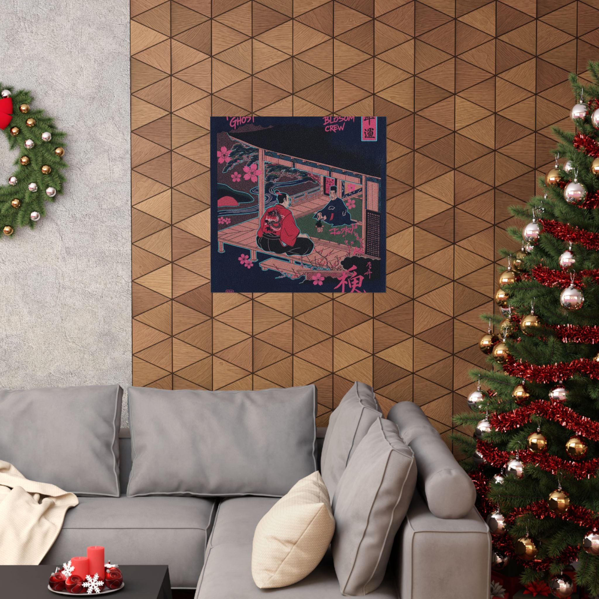 Japanese Street — Samurai Admiring Pine-Tree And Plum Blossoms — Matte Poster