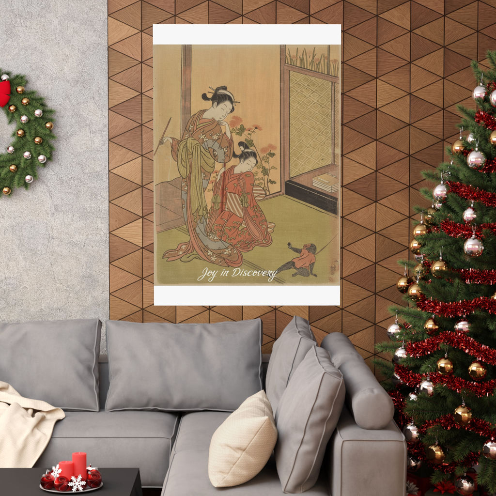 Affirmation — Two Girls Looking At A Monkey On A Leash — Matte Poster