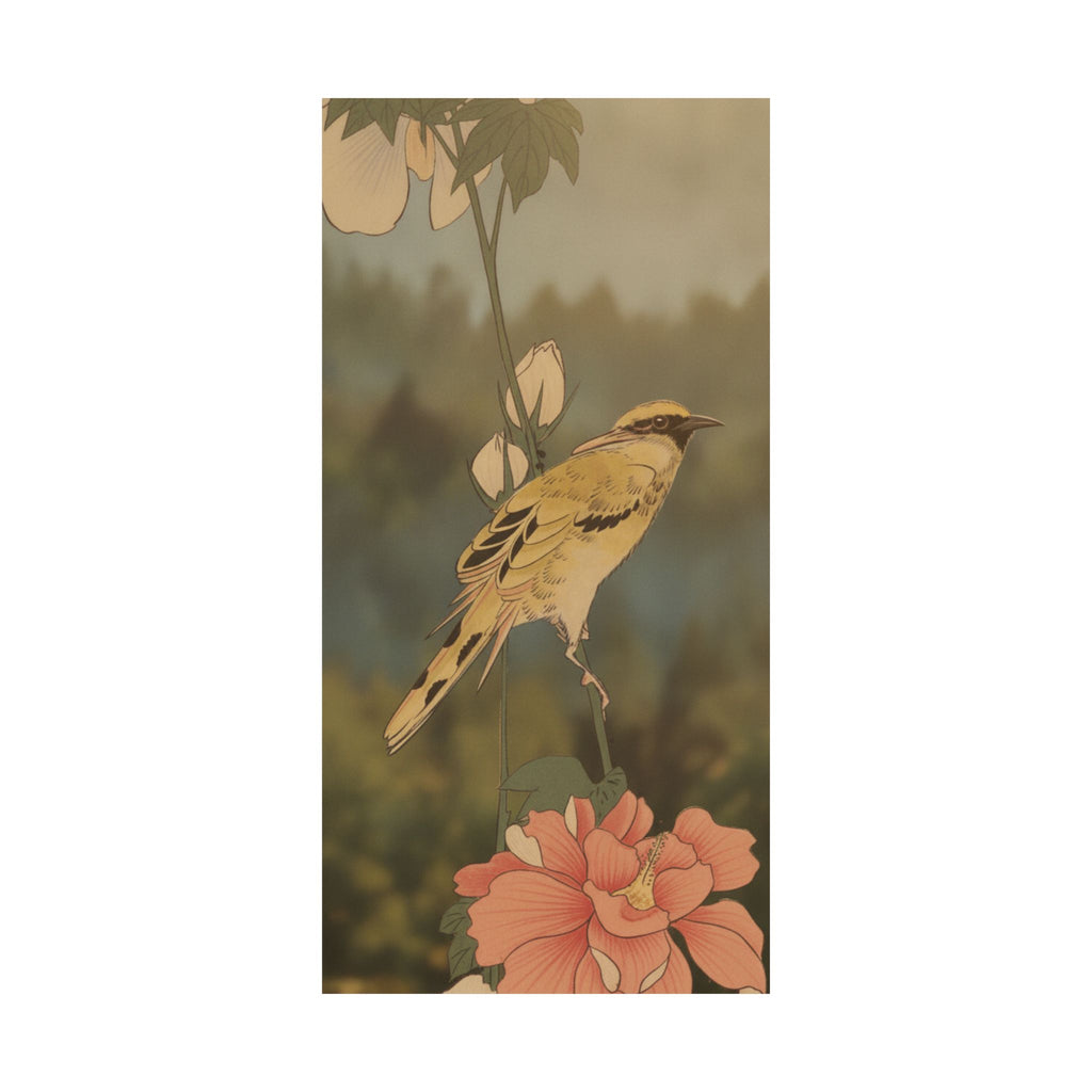 Scenic Nature — Black-Naped Oriole Perched On A Stem Of Rose Mallow — Matte Poster
