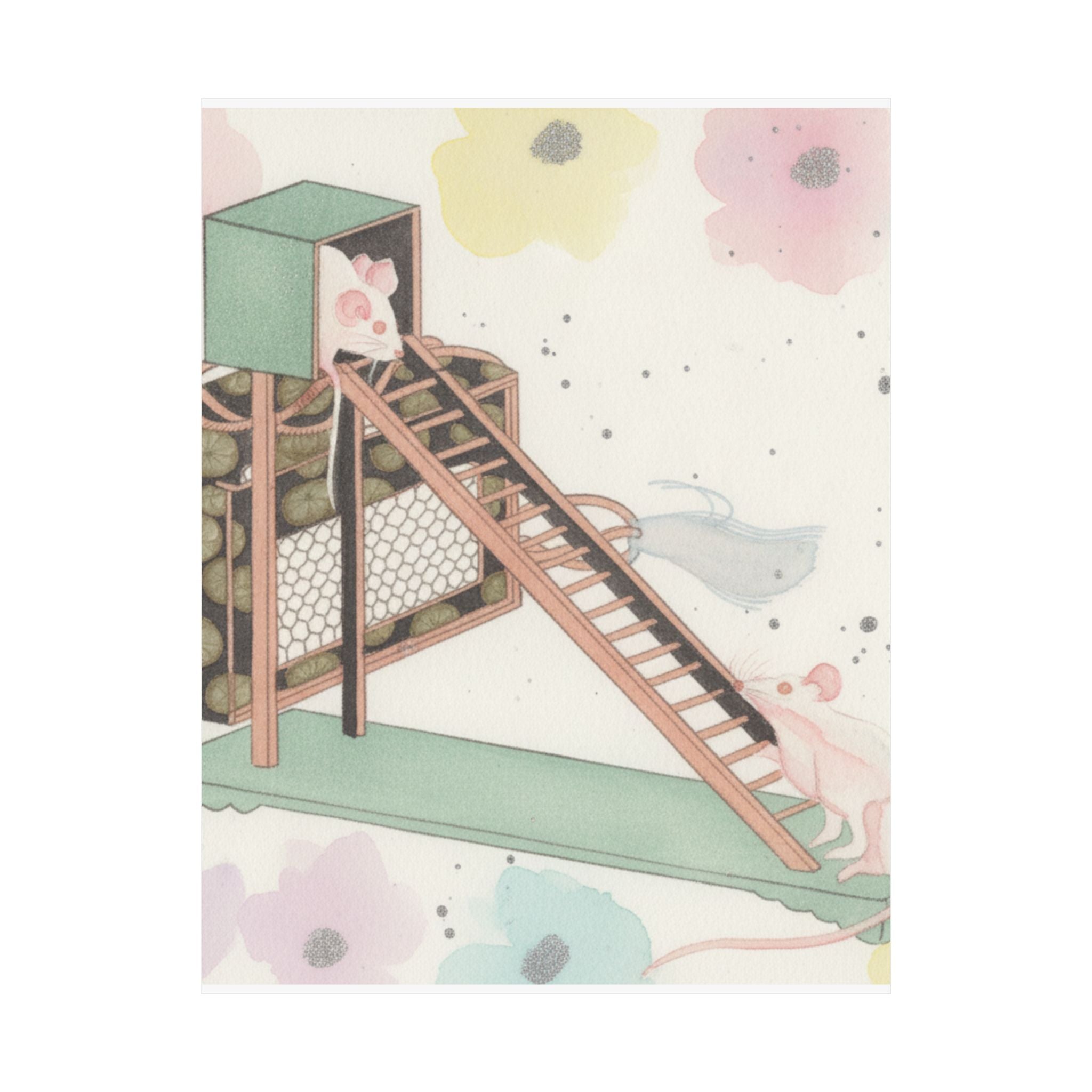 Watercolor — White Mice Playing — Matte Poster