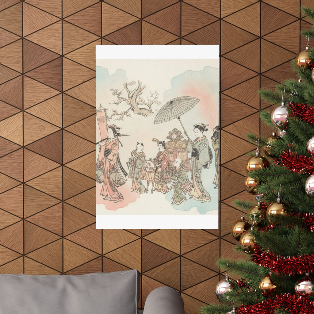 Watercolor — Children Play-Acting A Daimyo Procession — Matte Poster