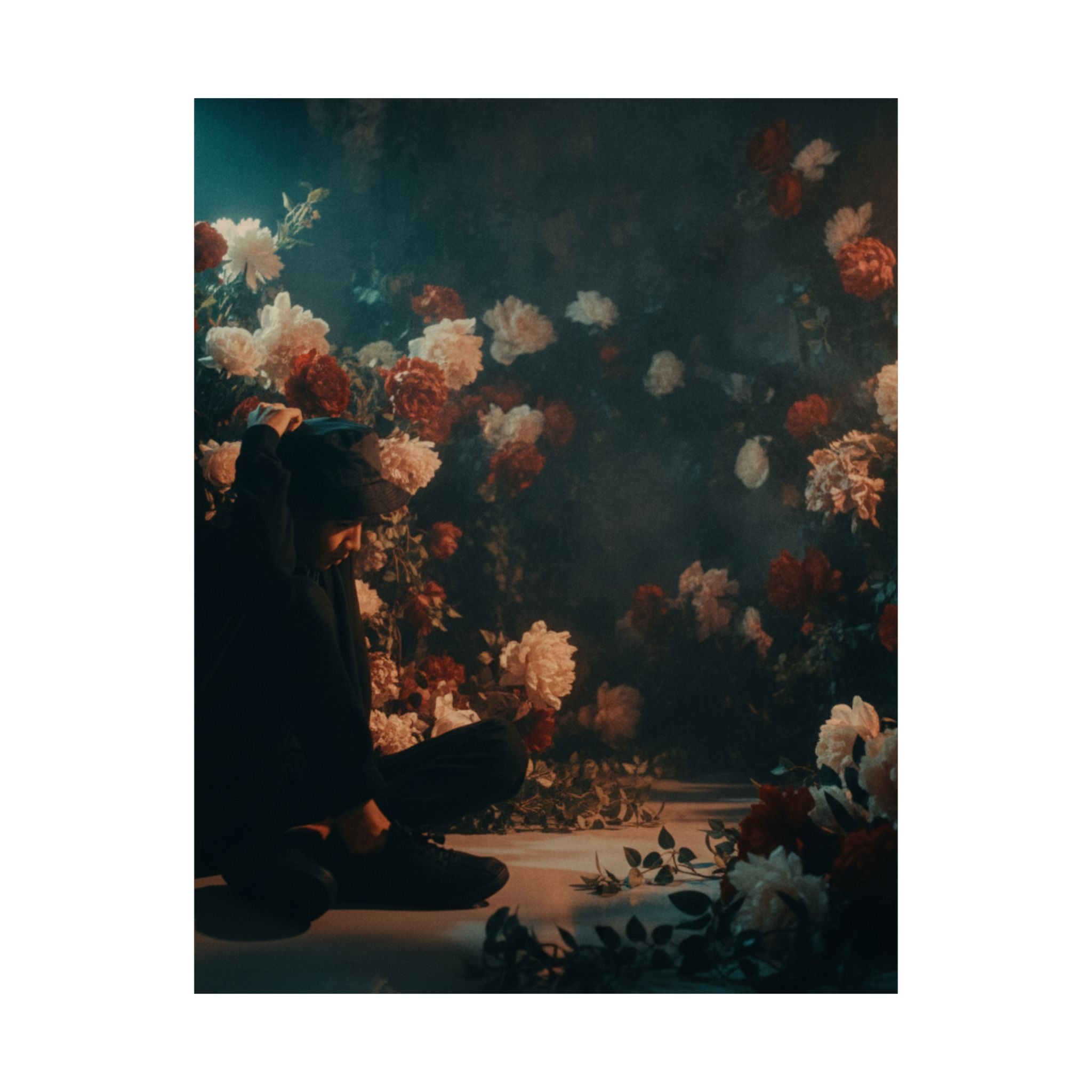 Kneeling Figure in Dark Rose Garden Moody Poster