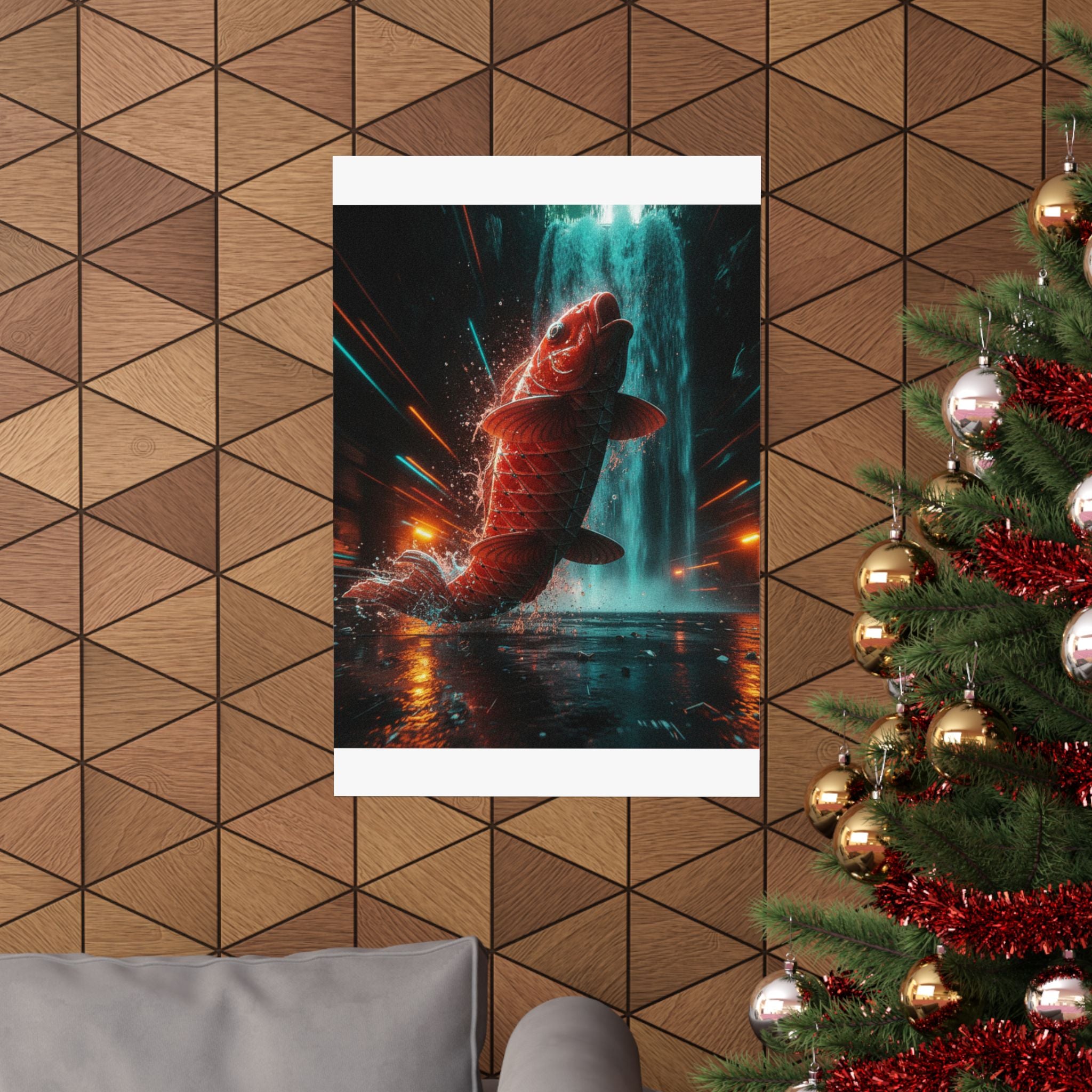 Fast Furious — Red Carp Ascending A Waterfall — Matte Poster