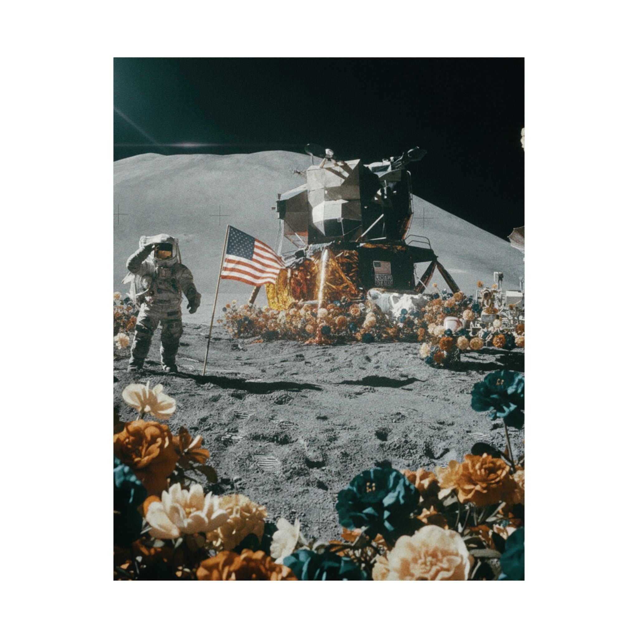 Astronaut Moon Landing in Bloom Surreal Space Poster