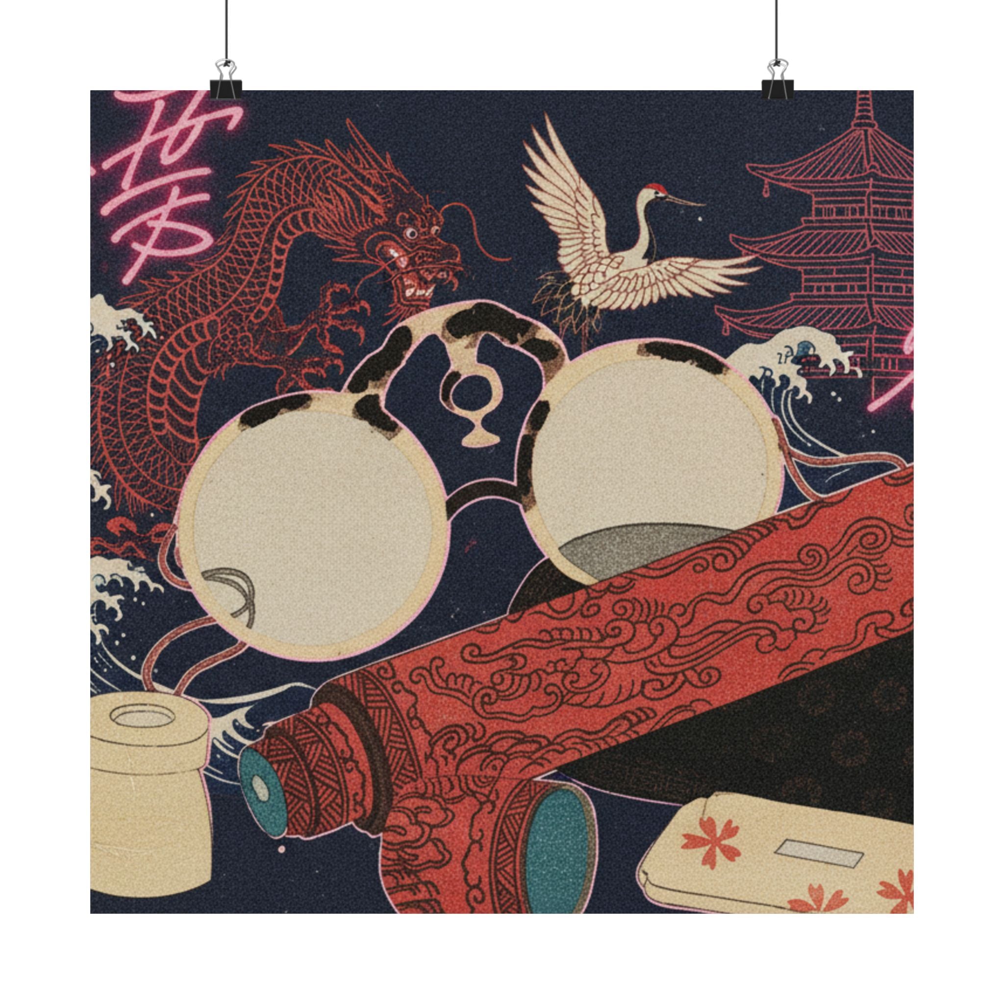 Japanese Street — Spectacles And Telescope With Cases — Matte Poster