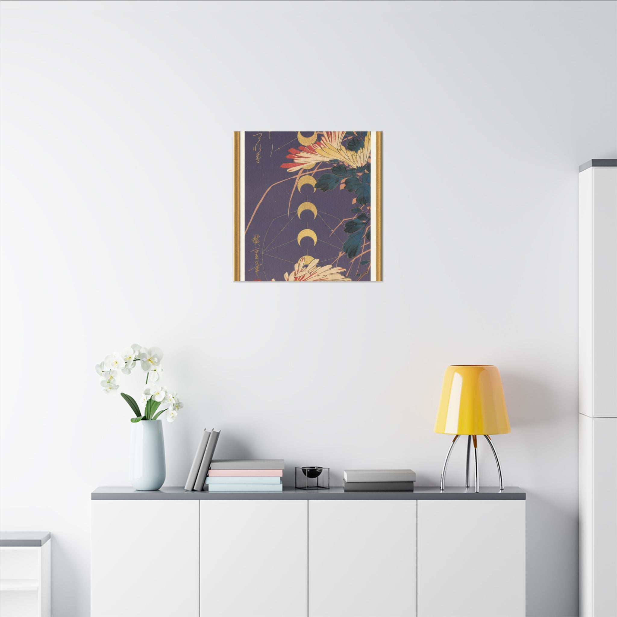 Chrysanthemum and Gold Moon Phases Woodblock Matte Canvas