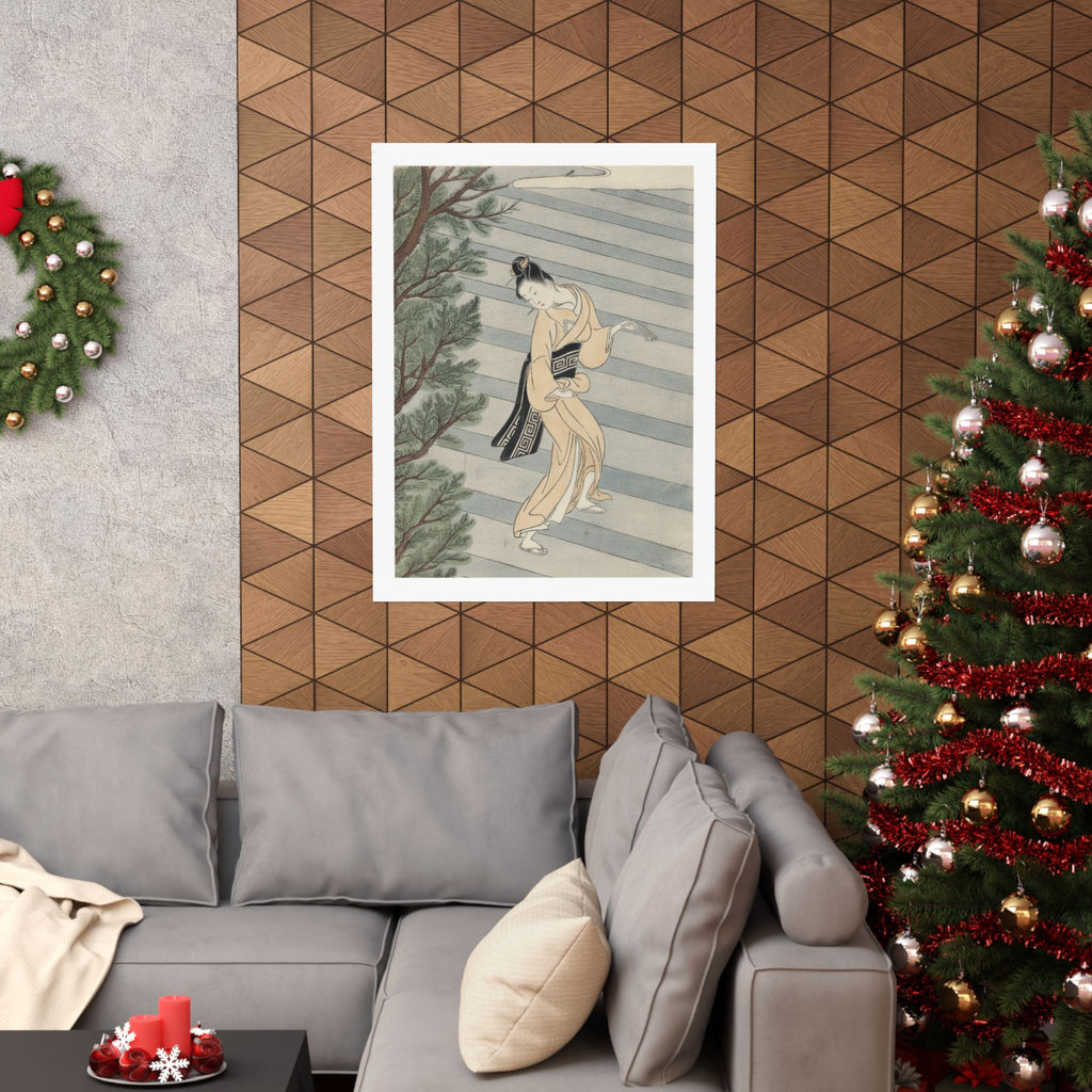 Watercolor — Young Woman Climbing Stone Stairs To A Shinto Temple — Matte Poster