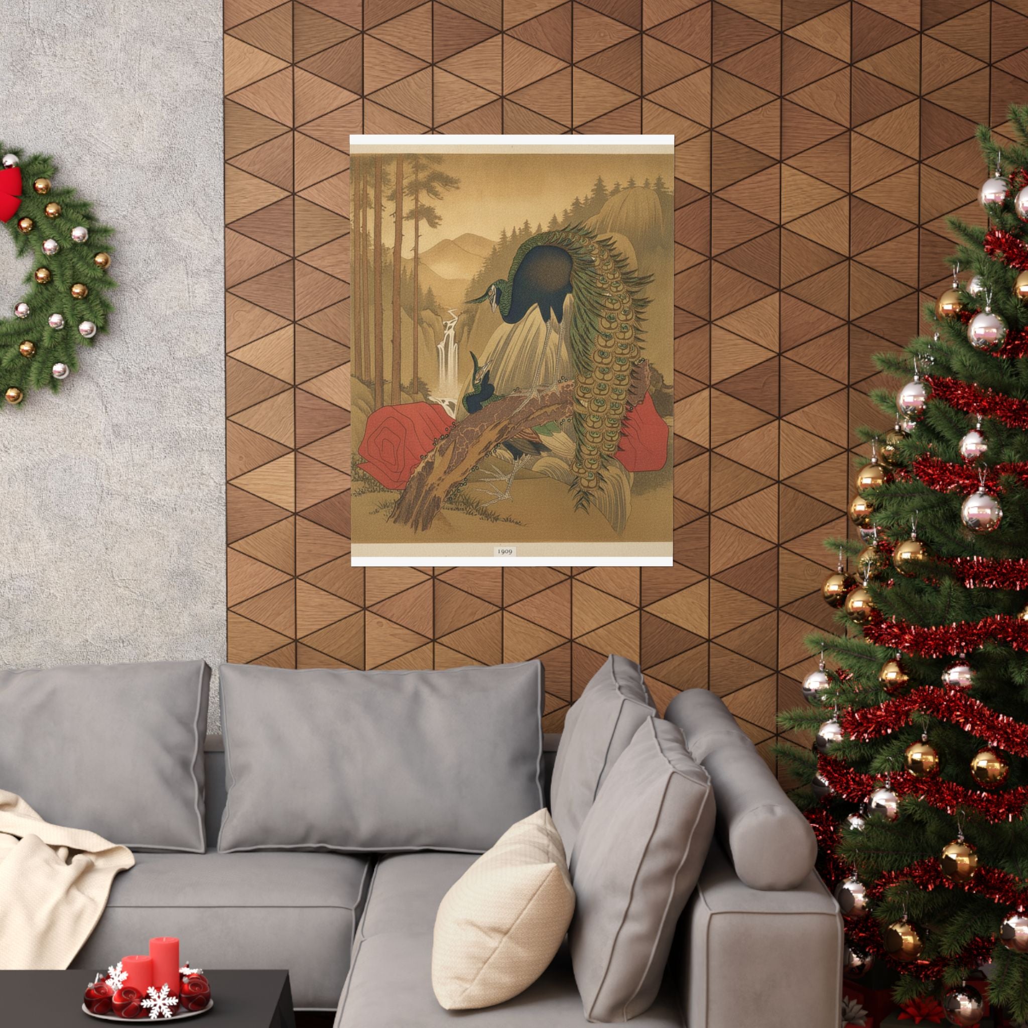 Scenic Nature — Painting Of Peacocks, Pines, A Waterfall, And A Roll Of Red Fabric — Matte Poster