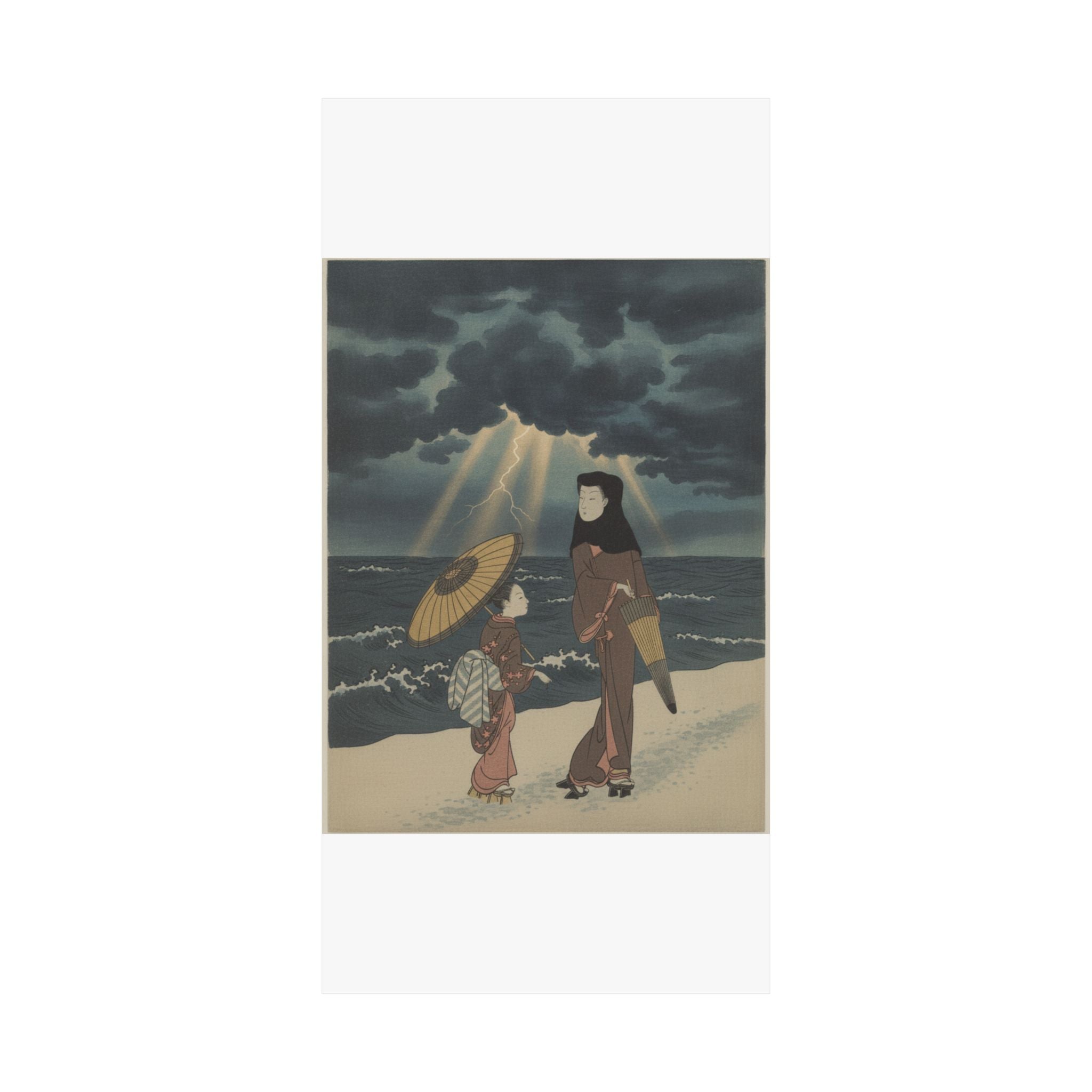 Dramatic Storm — Lady With Black Hood And Umbrella Out Walking With Young Attendant — Matte Poster