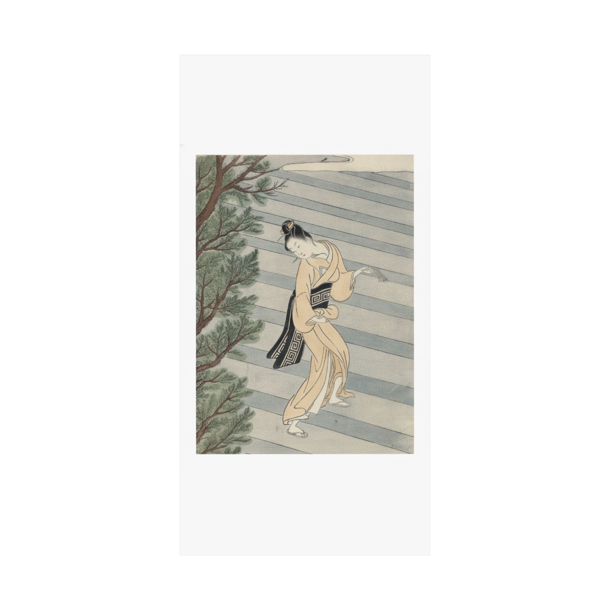 Watercolor — Young Woman Climbing Stone Stairs To A Shinto Temple — Matte Poster