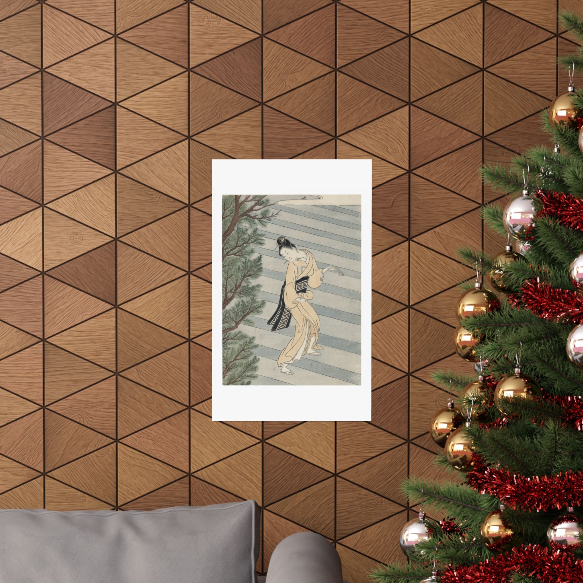 Watercolor — Young Woman Climbing Stone Stairs To A Shinto Temple — Matte Poster