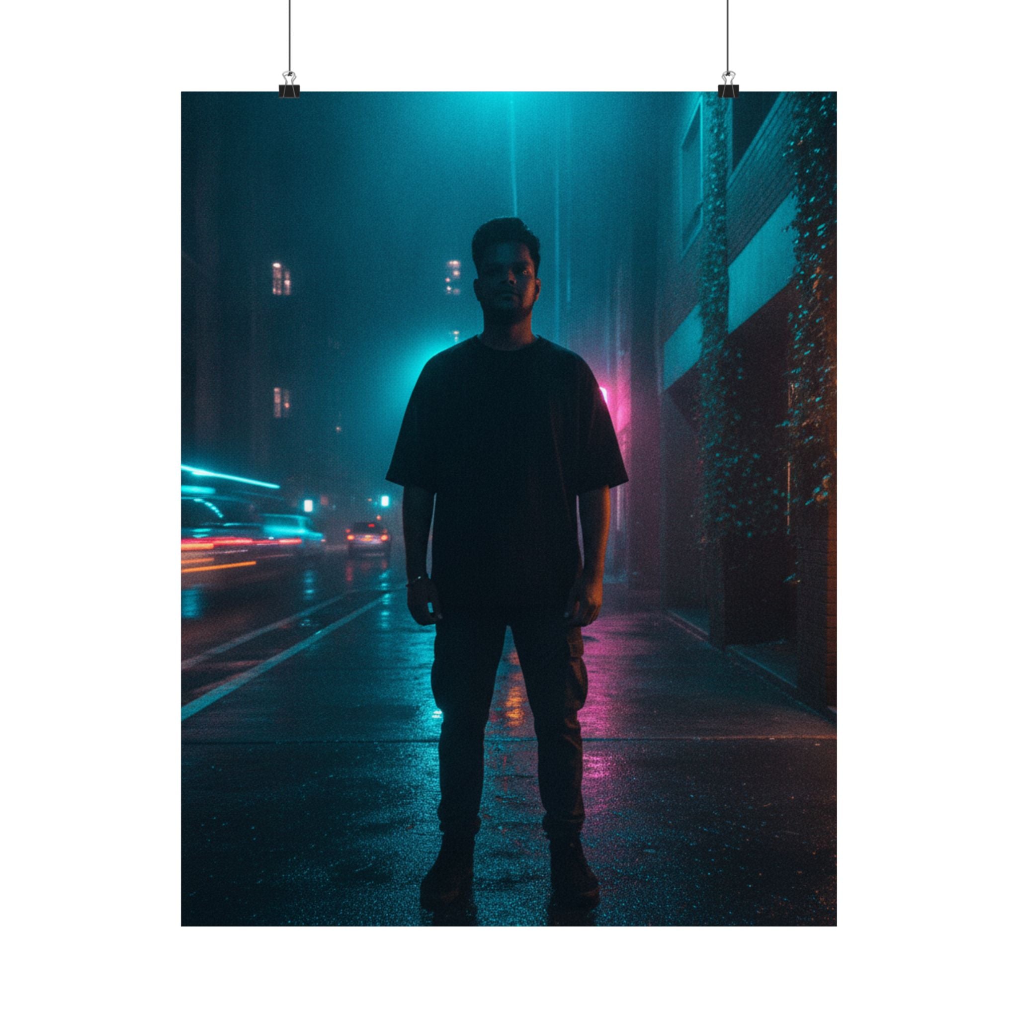 Rainy Neon City Street Silhouette Teal Pink Matte Poster