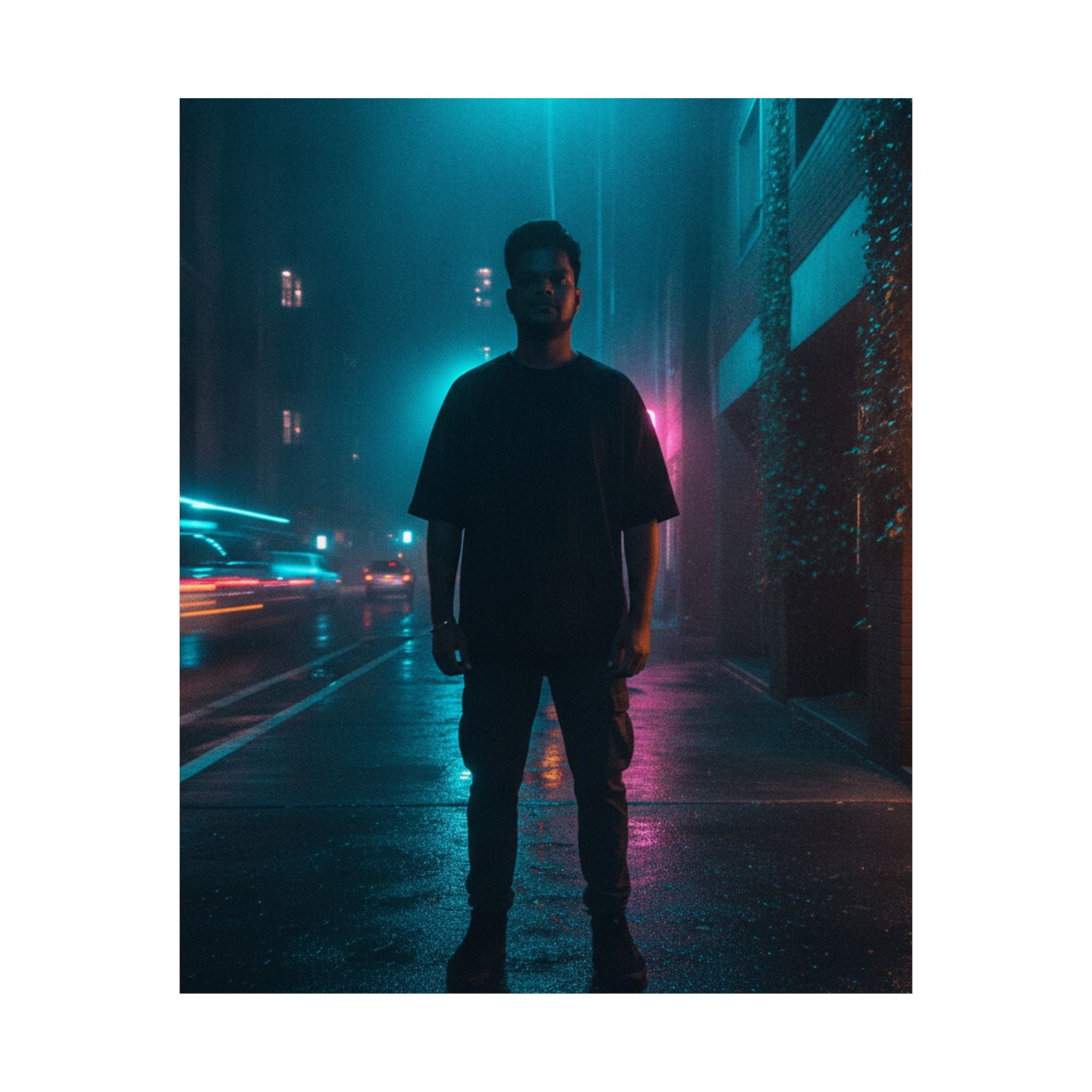 Rainy Neon City Street Silhouette Teal Pink Matte Poster