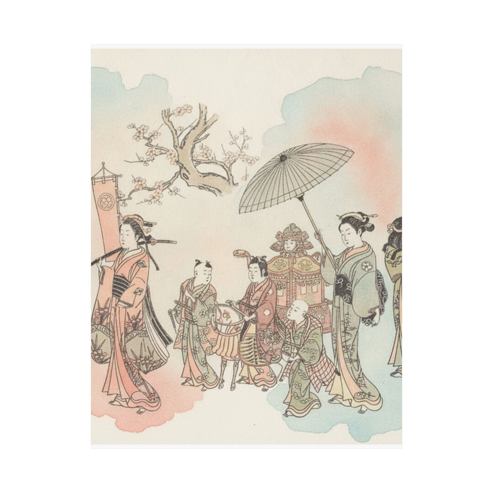 Watercolor — Children Play-Acting A Daimyo Procession — Matte Poster