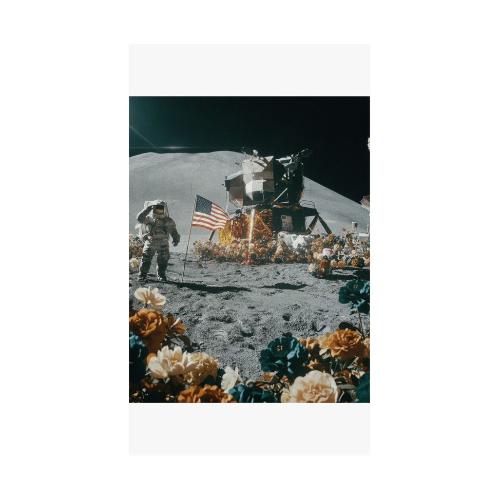 Astronaut Moon Landing in Bloom Surreal Space Poster
