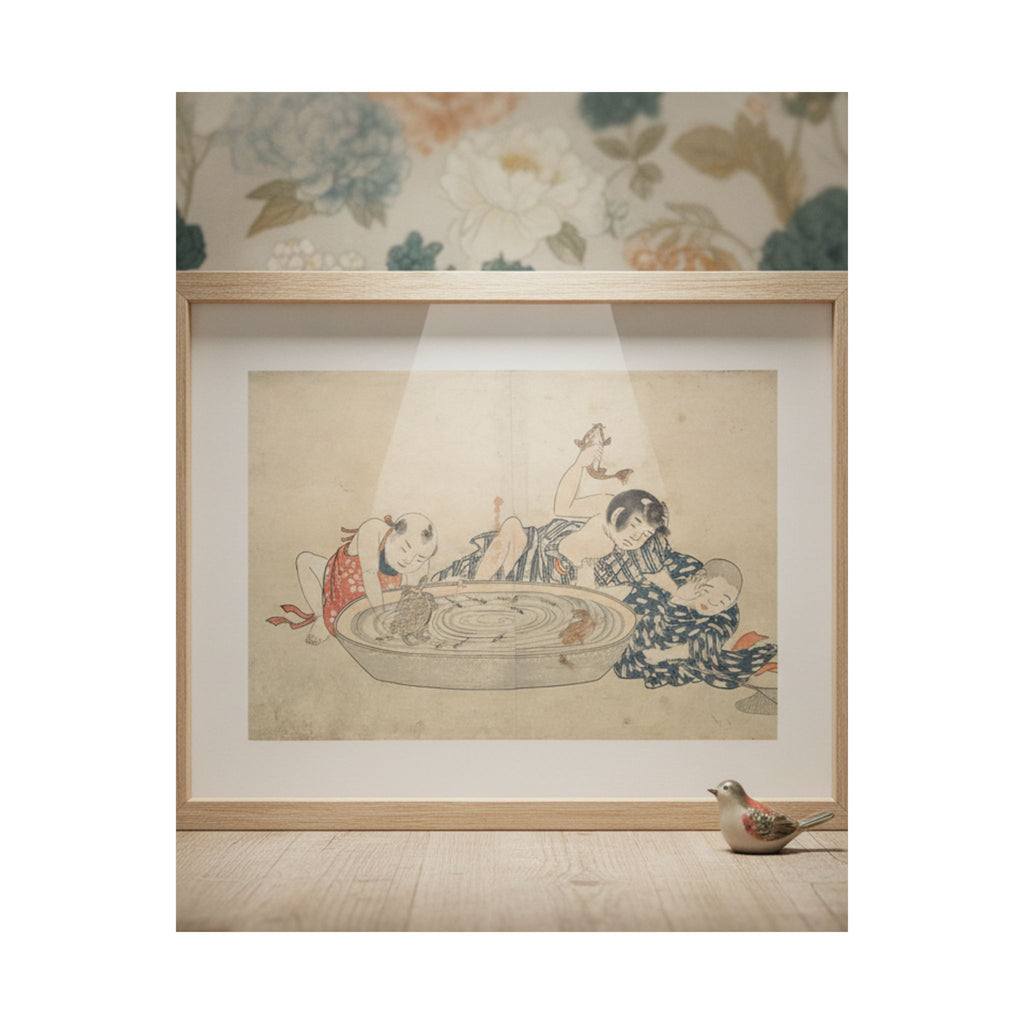 Product Marketing — Boys Playing With A Basin Of Fish And Turtles — Matte Poster