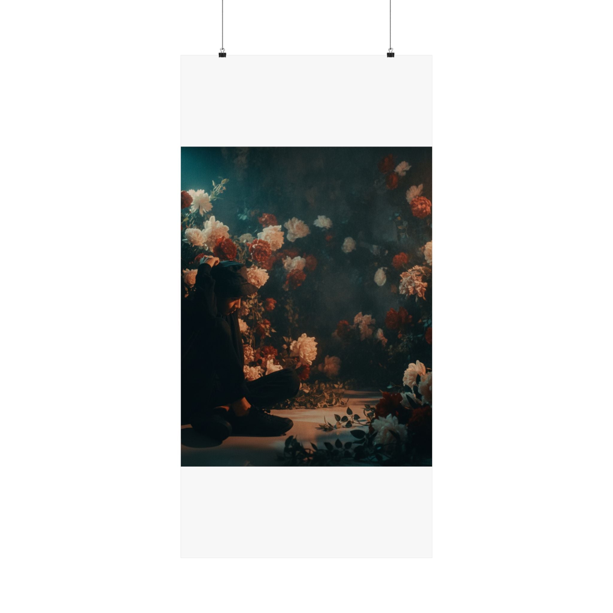 Kneeling Figure in Dark Rose Garden Moody Poster