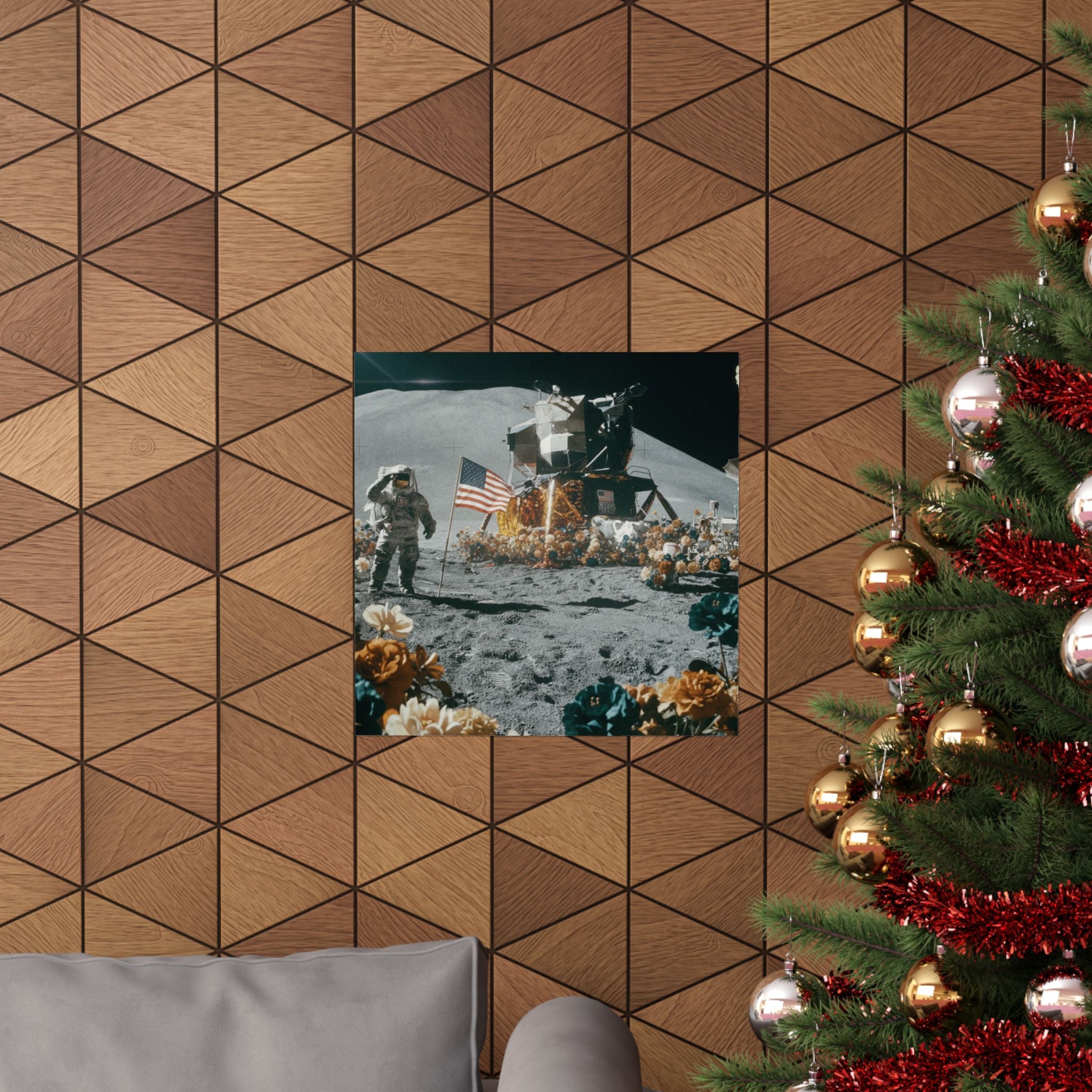 Astronaut Moon Landing in Bloom Surreal Space Poster